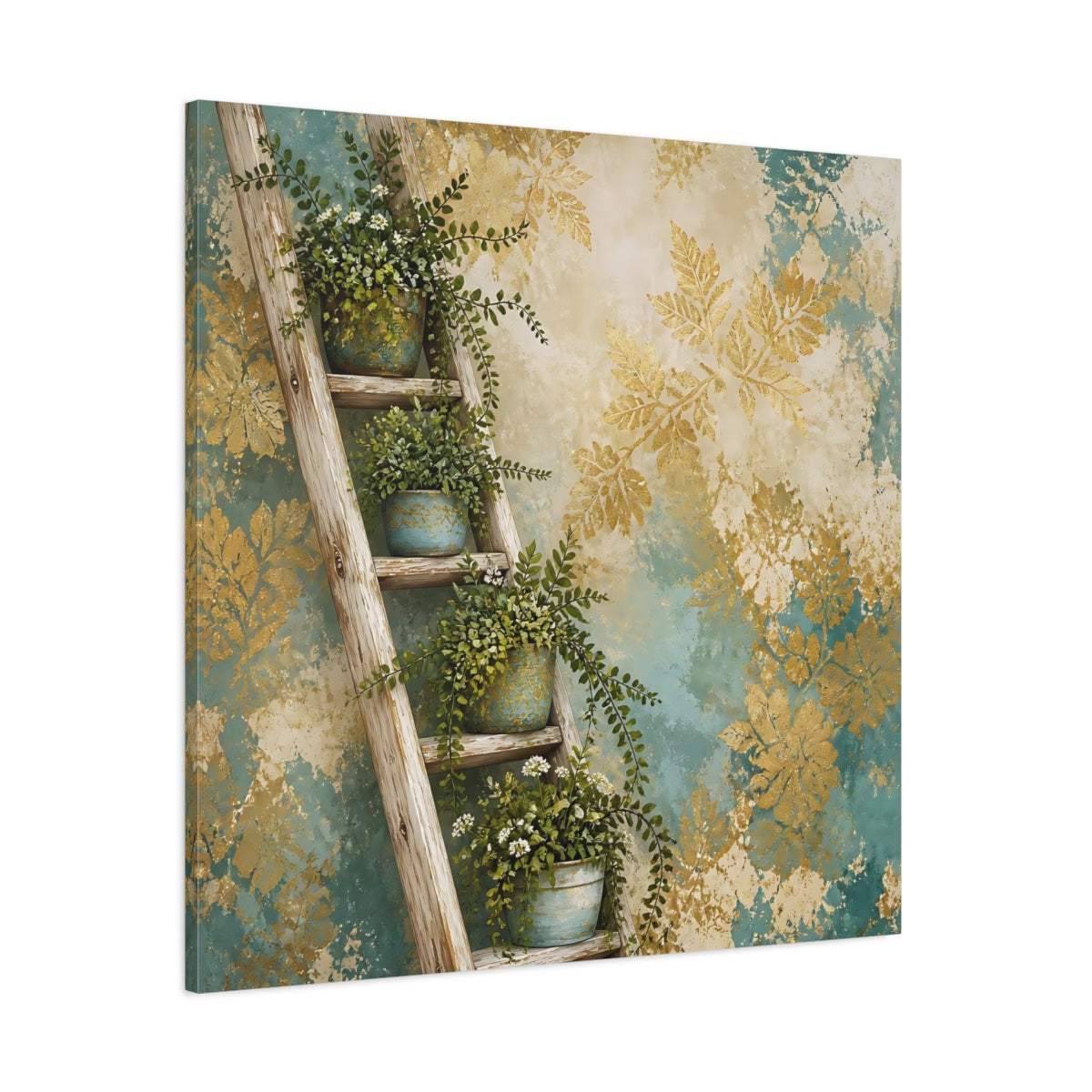 Side Mockup 1. Nature Potted Plants Green Gold Foliage shown as stretched canvas wall art