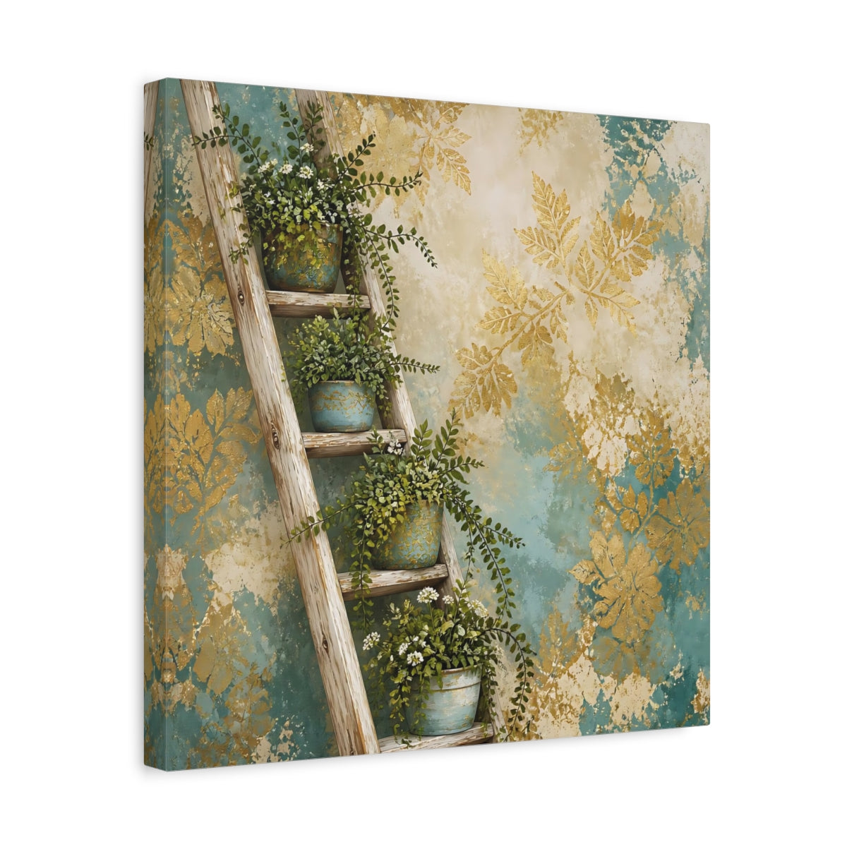 Side Mockup 6. Nature Potted Plants Green Gold Foliage shown as stretched canvas wall art