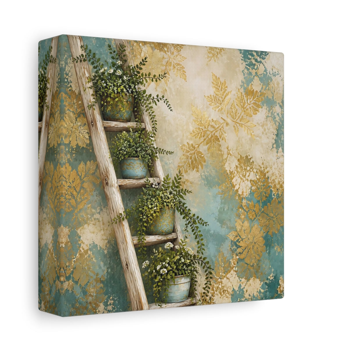 Side Mockup 2. Nature Potted Plants Green Gold Foliage shown as stretched canvas wall art
