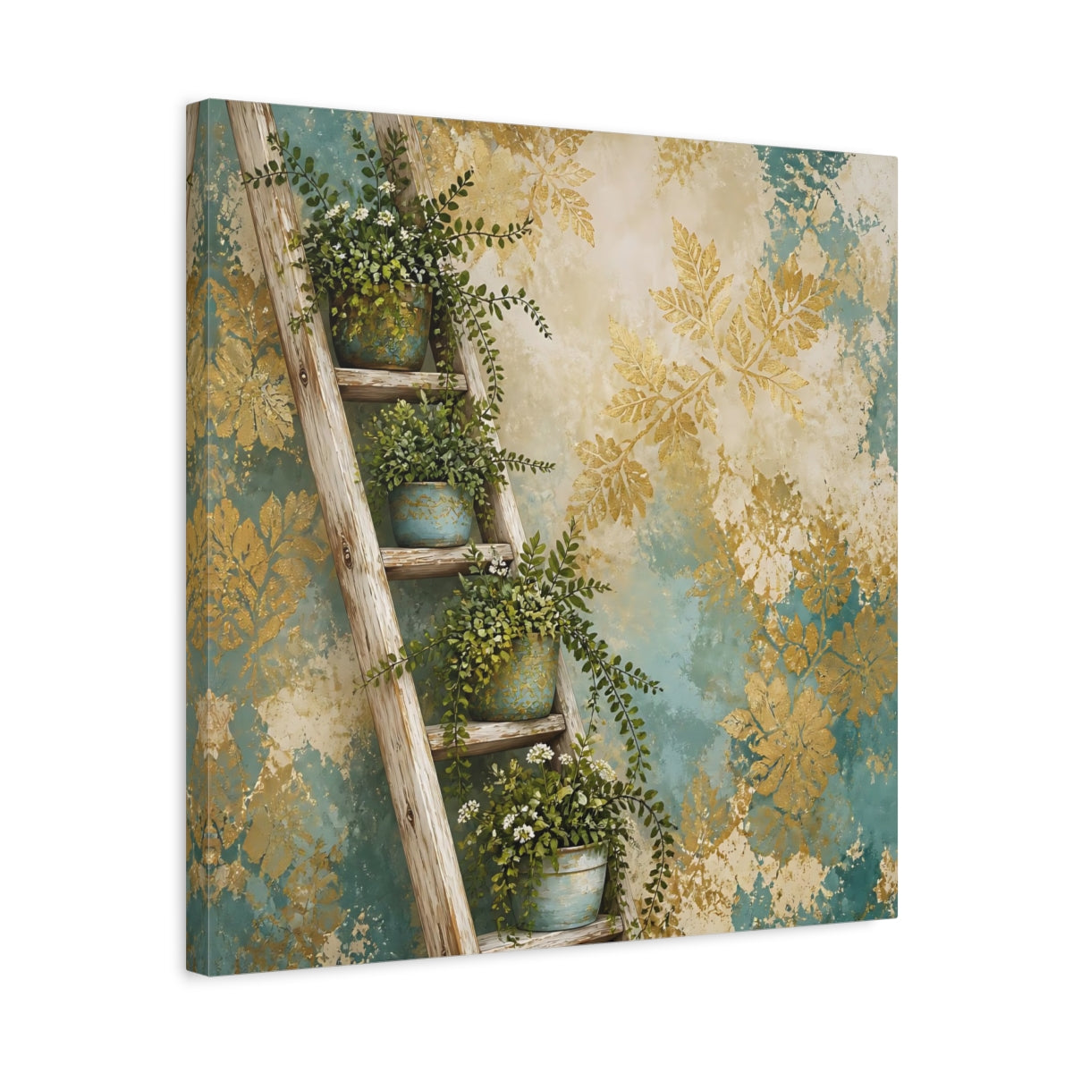 Side Mockup 5. Nature Potted Plants Green Gold Foliage shown as stretched canvas wall art