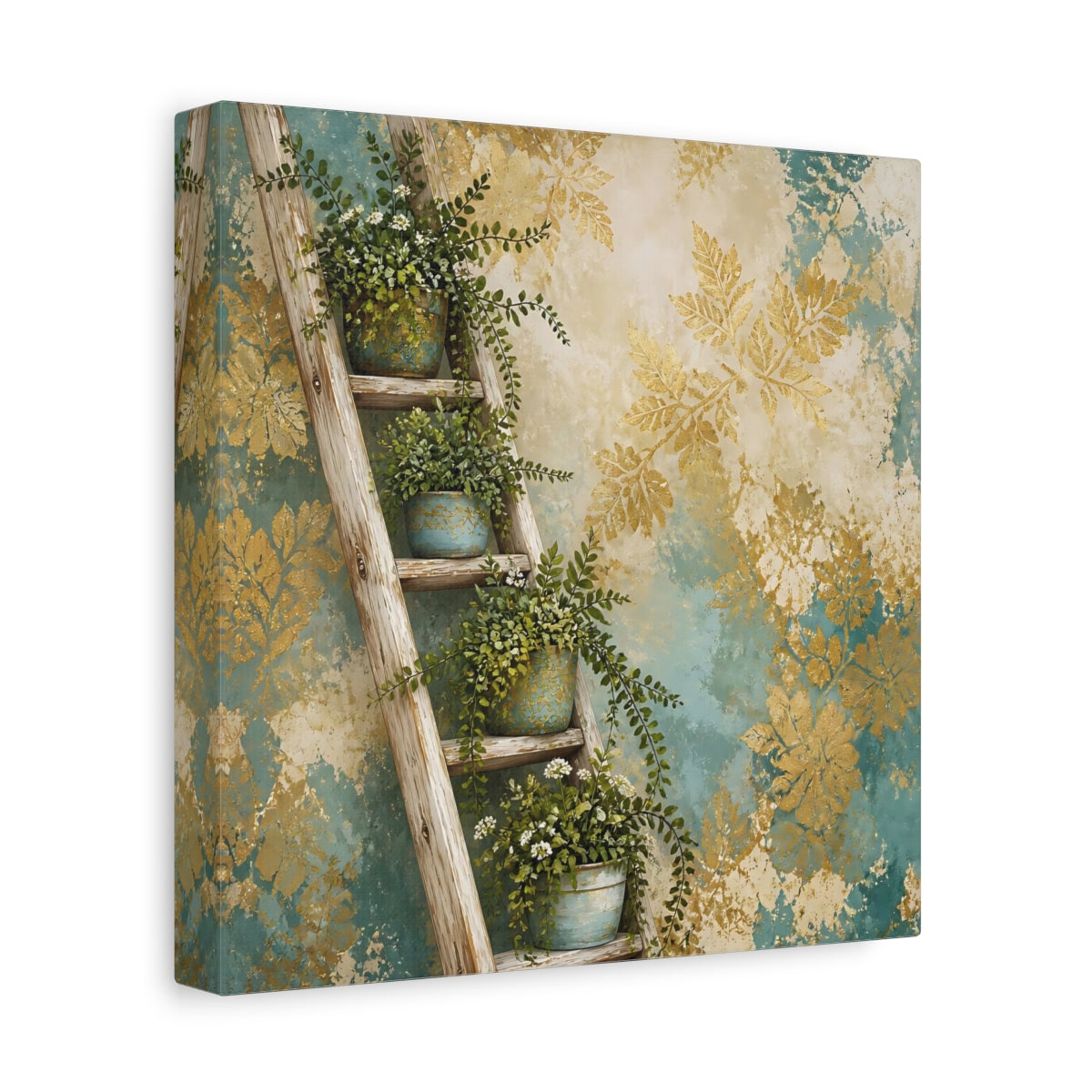 Side Mockup 9. Nature Potted Plants Green Gold Foliage shown as stretched canvas wall art