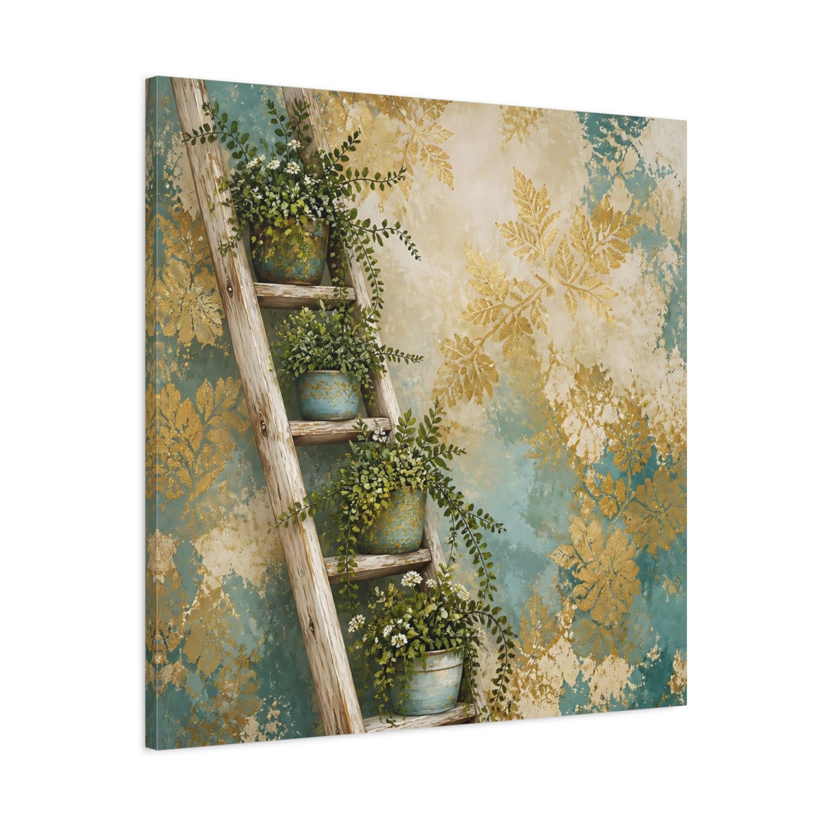 Side Mockup 3. Nature Potted Plants Green Gold Foliage shown as stretched canvas wall art