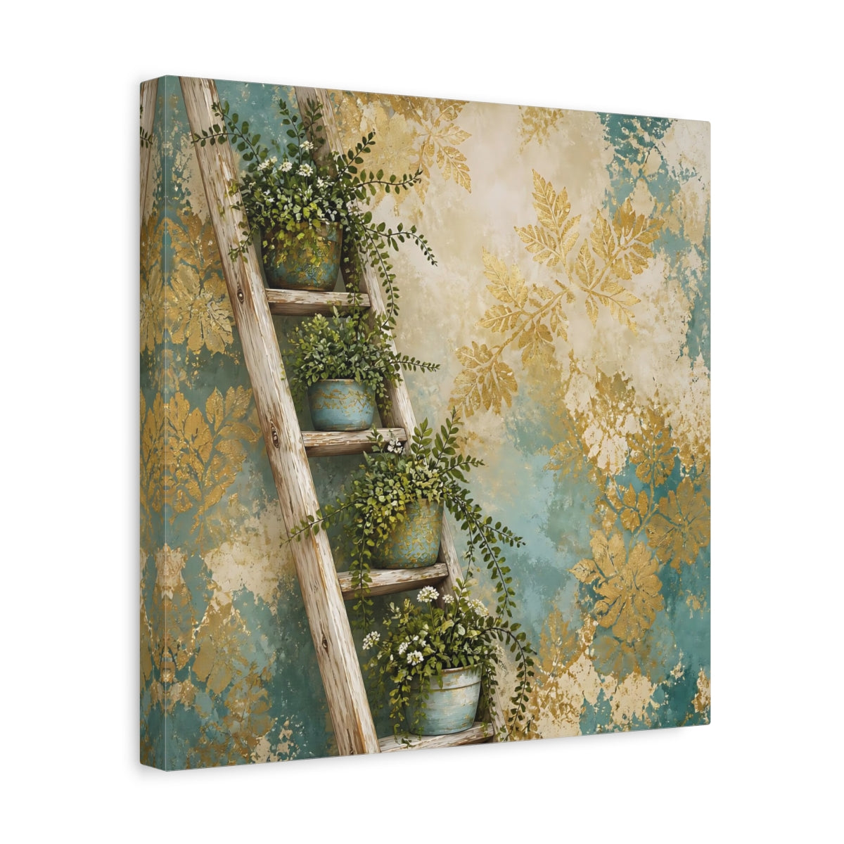 Side Mockup 7. Nature Potted Plants Green Gold Foliage shown as stretched canvas wall art