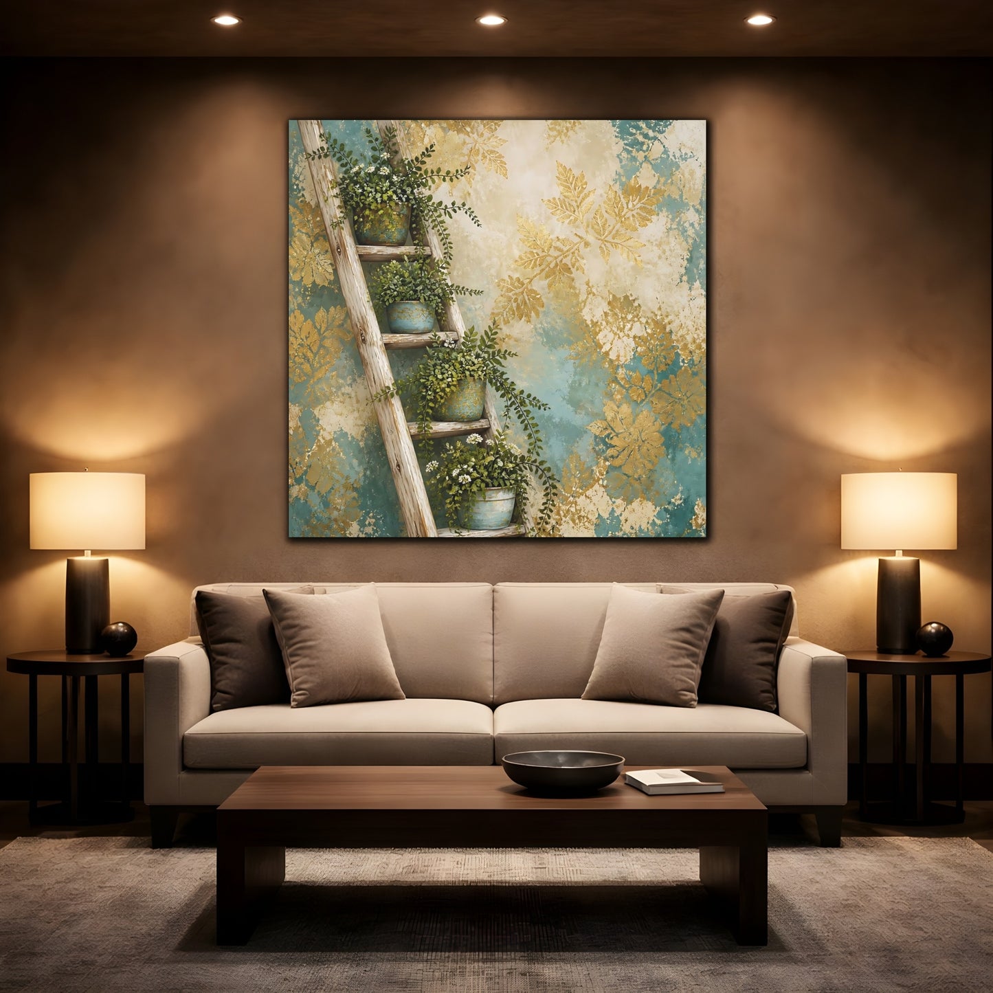 Mockup 2. Nature Potted Plants Green Gold Foliage shown as stretched canvas wall art