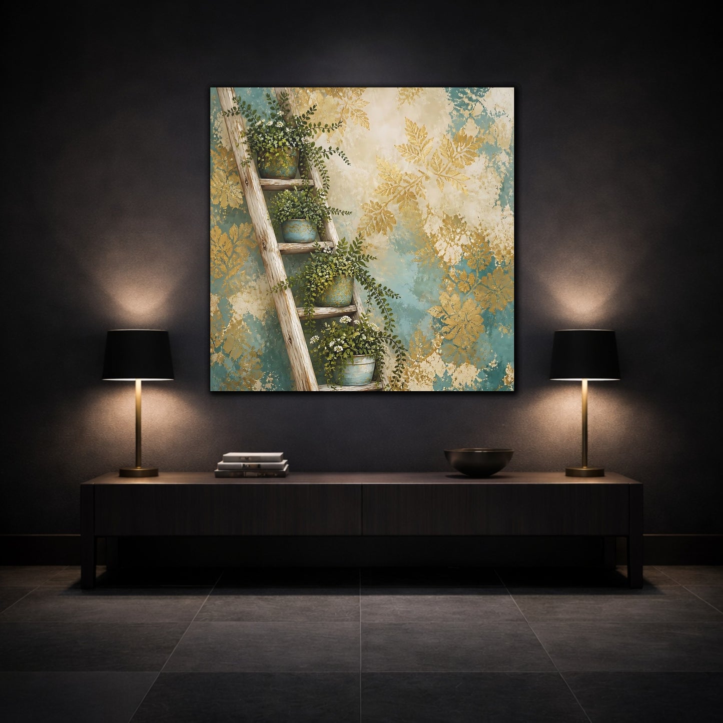 Mockup 3. Nature Potted Plants Green Gold Foliage shown as stretched canvas wall art