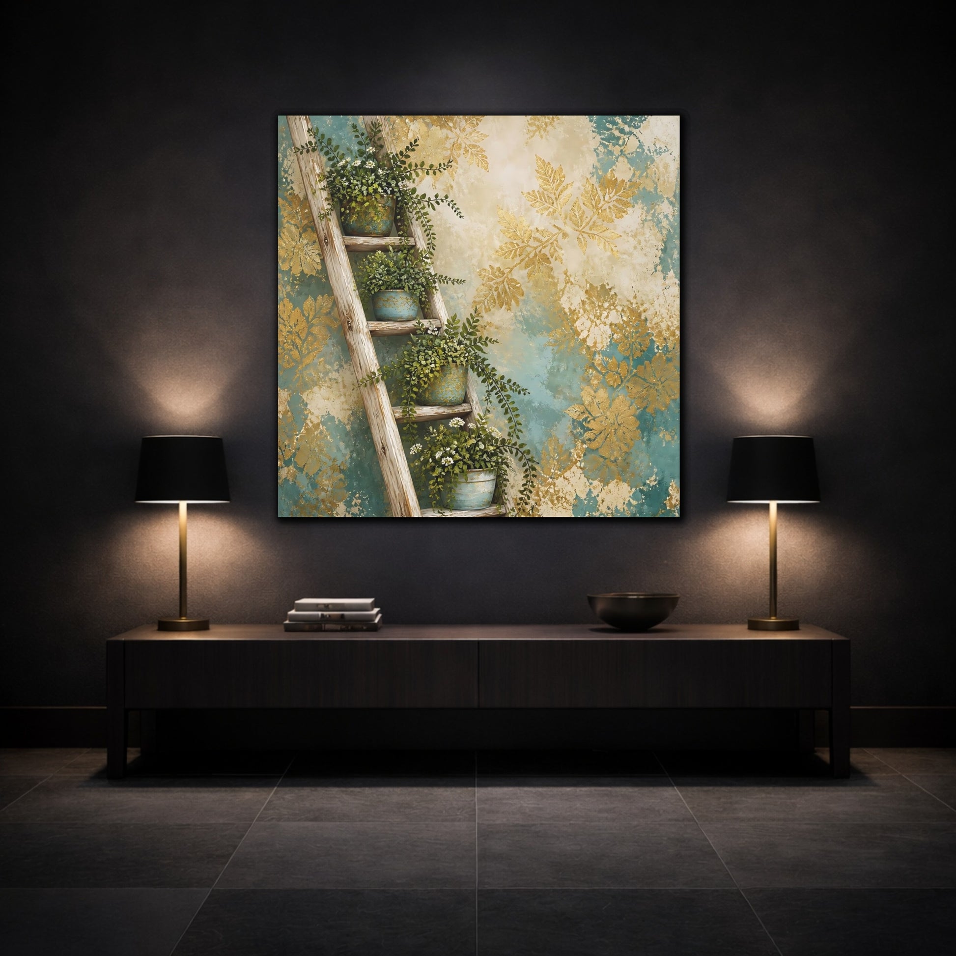 Mockup 3. Nature Potted Plants Green Gold Foliage shown as stretched canvas wall art