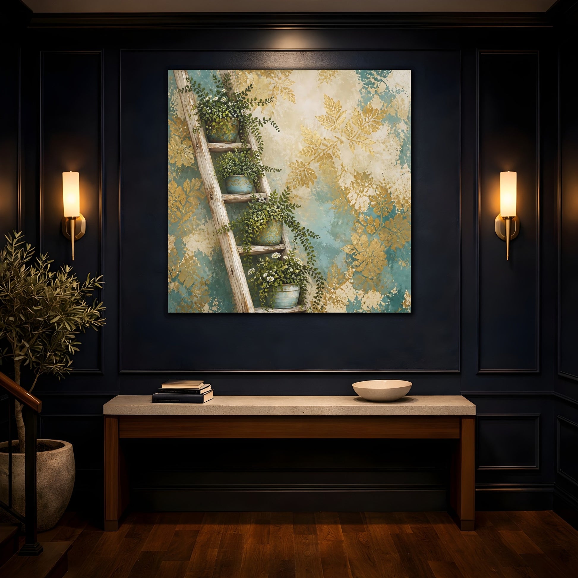 Mockup 4. Nature Potted Plants Green Gold Foliage shown as stretched canvas wall art