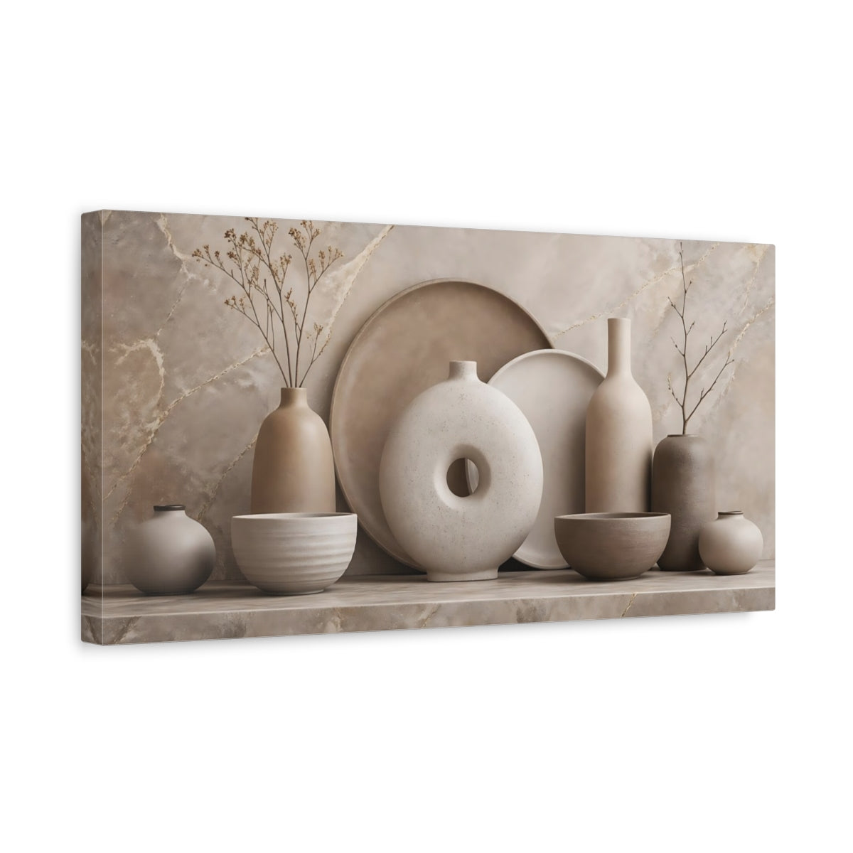 Side Mockup 3. Nature Pottery Vases Brown And Beige shown as stretched canvas wall art