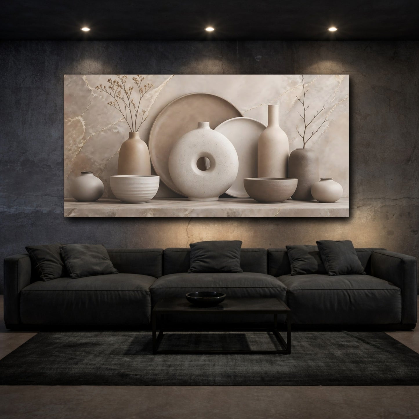 Mockup 2. Nature Pottery Vases Brown And Beige shown as stretched canvas wall art