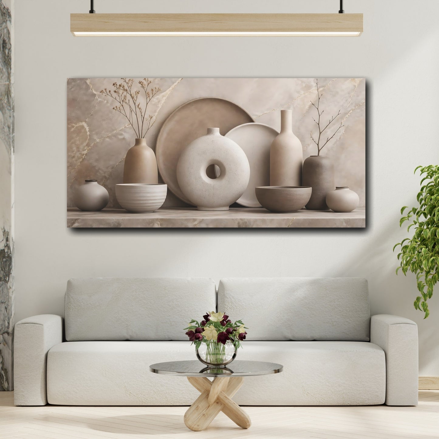 Mockup 3. Nature Pottery Vases Brown And Beige shown as stretched canvas wall art
