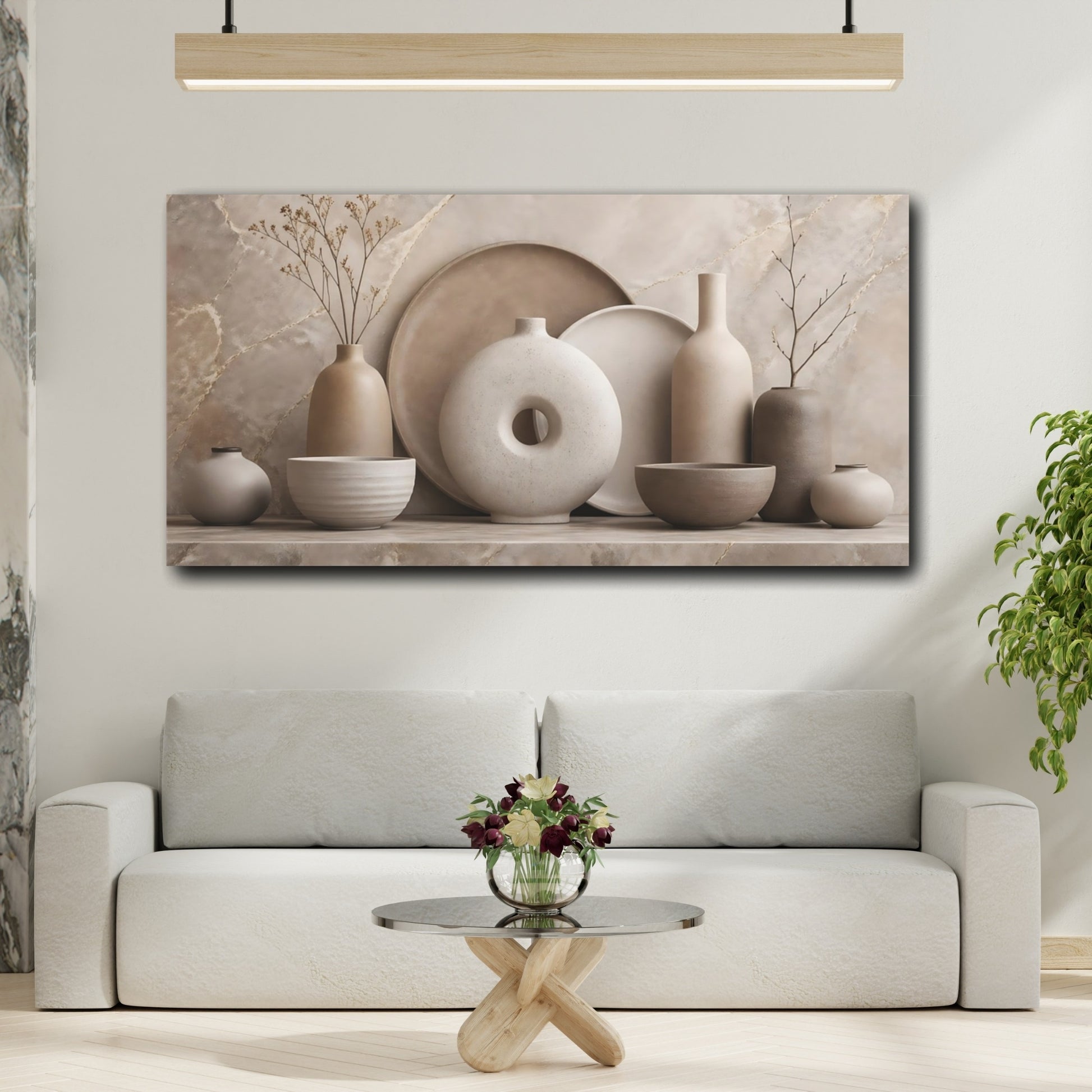 Mockup 3. Nature Pottery Vases Brown And Beige shown as stretched canvas wall art