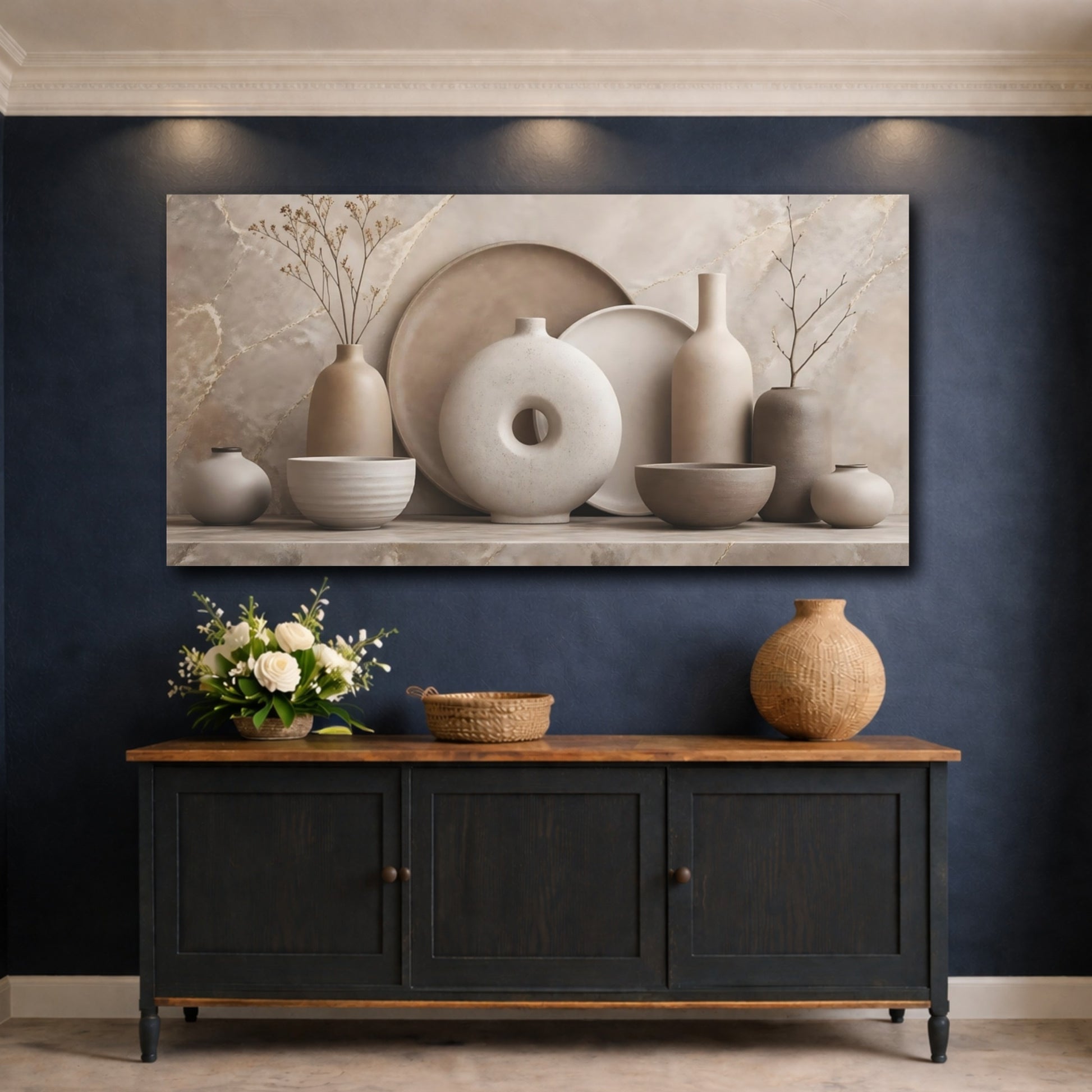 Mockup 4. Nature Pottery Vases Brown And Beige shown as stretched canvas wall art