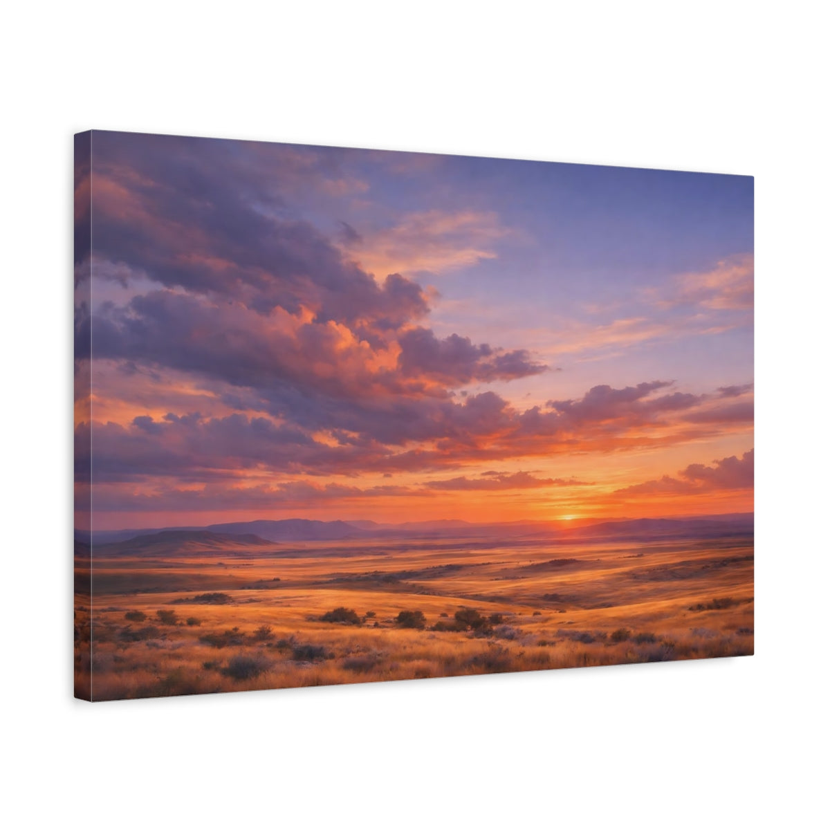 Side Mockup 3. Nature Prairie Sunset Vibrant Sunset shown as stretched canvas wall art