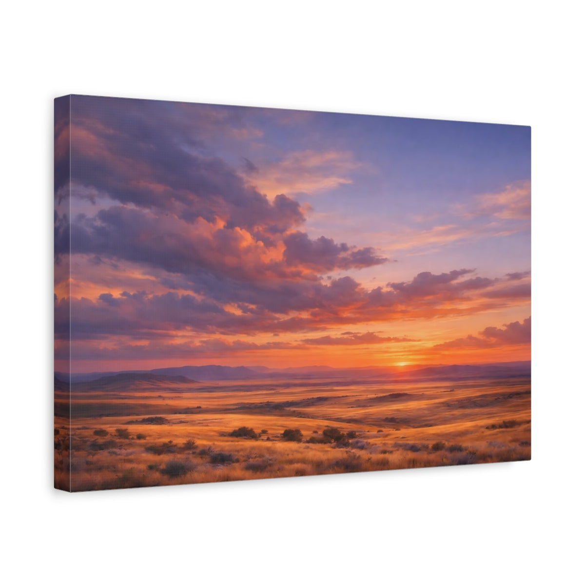 Side Mockup 4. Nature Prairie Sunset Vibrant Sunset shown as stretched canvas wall art