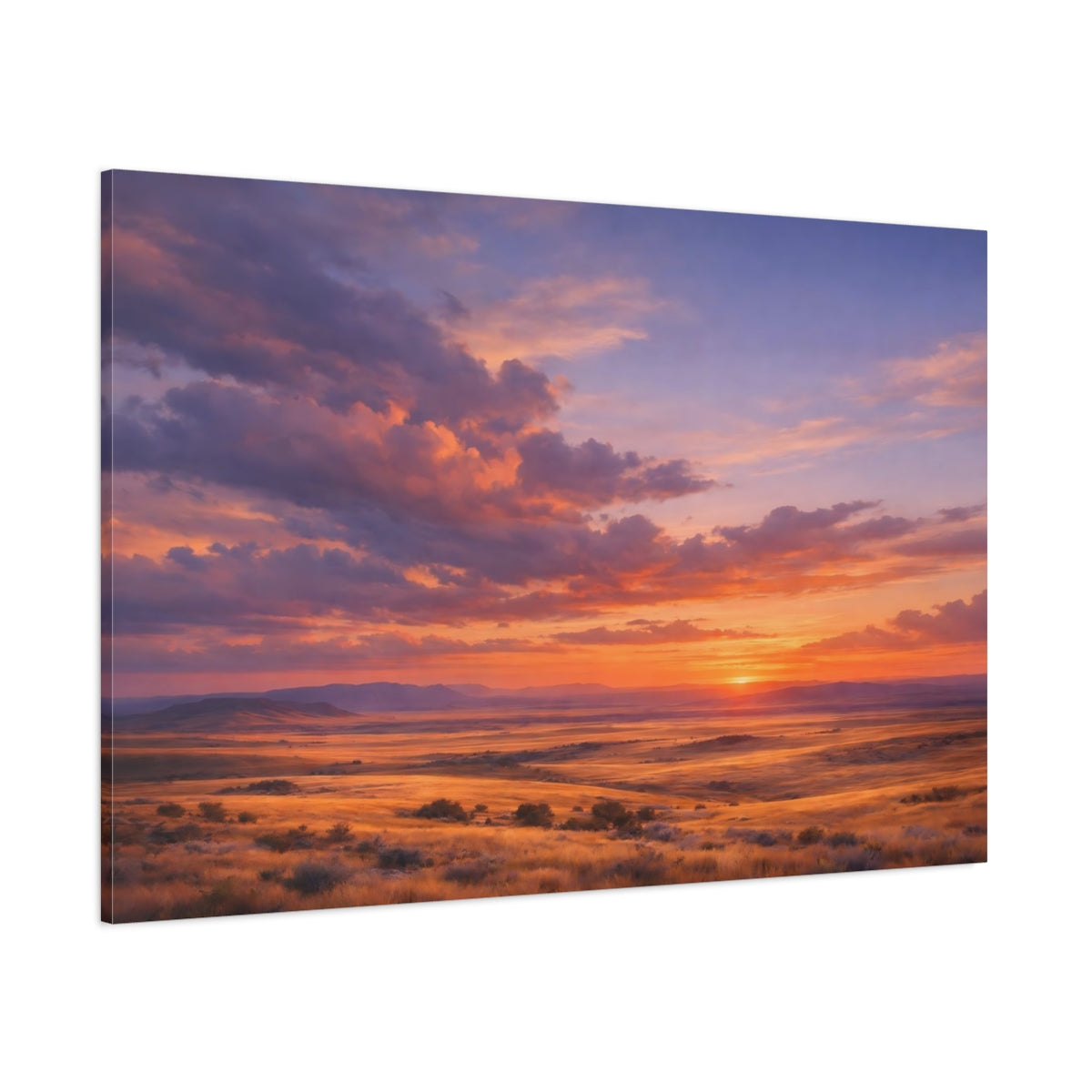 Side Mockup 1. Nature Prairie Sunset Vibrant Sunset shown as stretched canvas wall art