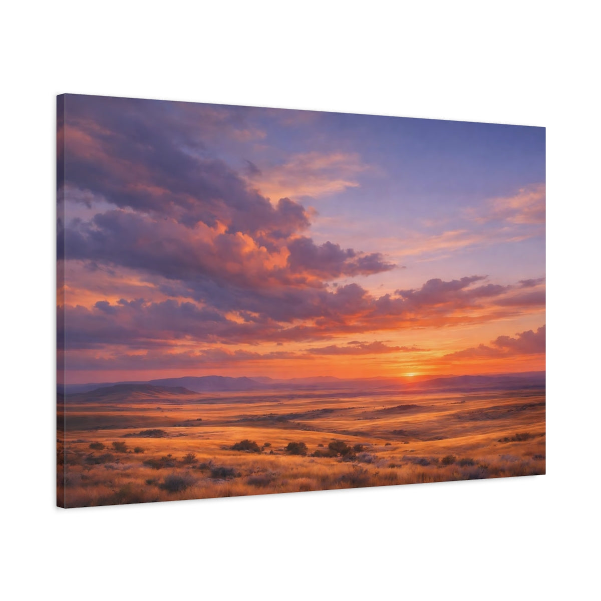 Main Mockup. Nature Prairie Sunset Vibrant Sunset shown as stretched canvas wall art