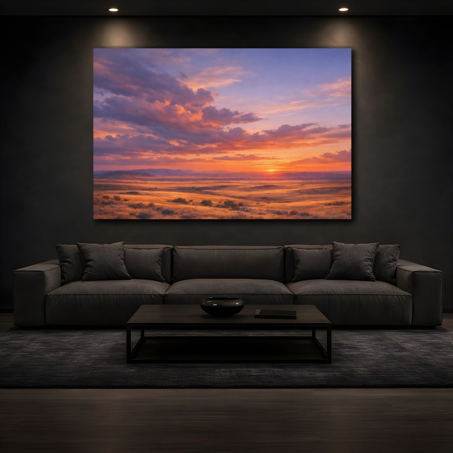 Mockup 2. Nature Prairie Sunset Vibrant Sunset shown as stretched canvas wall art