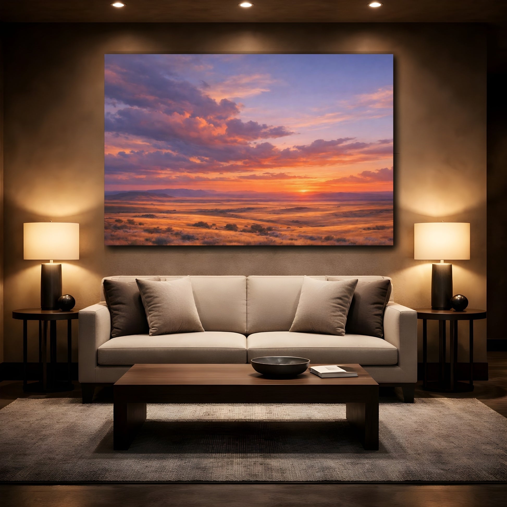 Mockup 3. Nature Prairie Sunset Vibrant Sunset shown as stretched canvas wall art