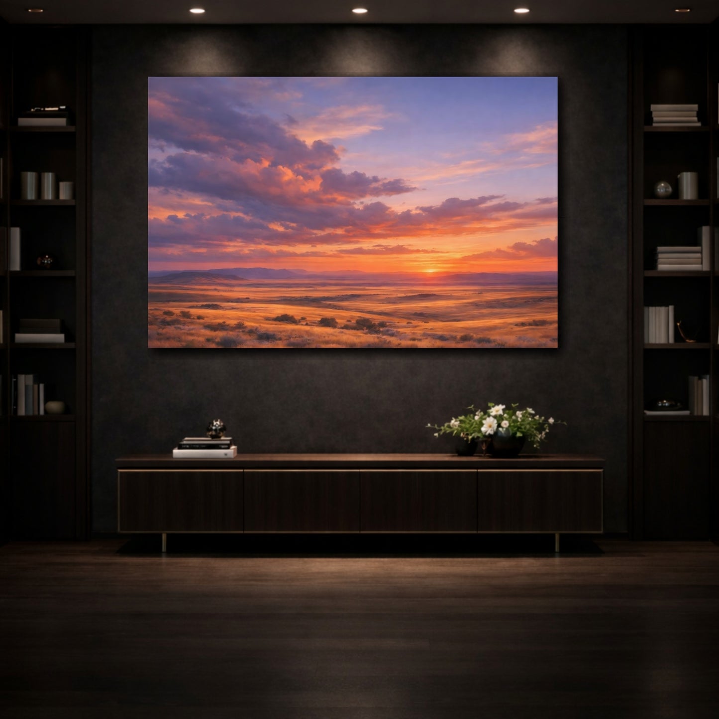 Mockup 4. Nature Prairie Sunset Vibrant Sunset shown as stretched canvas wall art