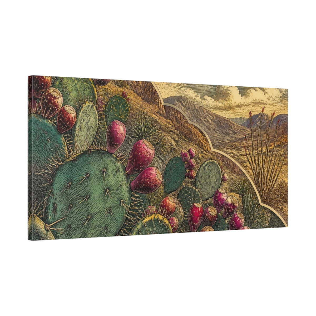 Main Mockup. Nature Prickly Pear Engraving shown as canvas print