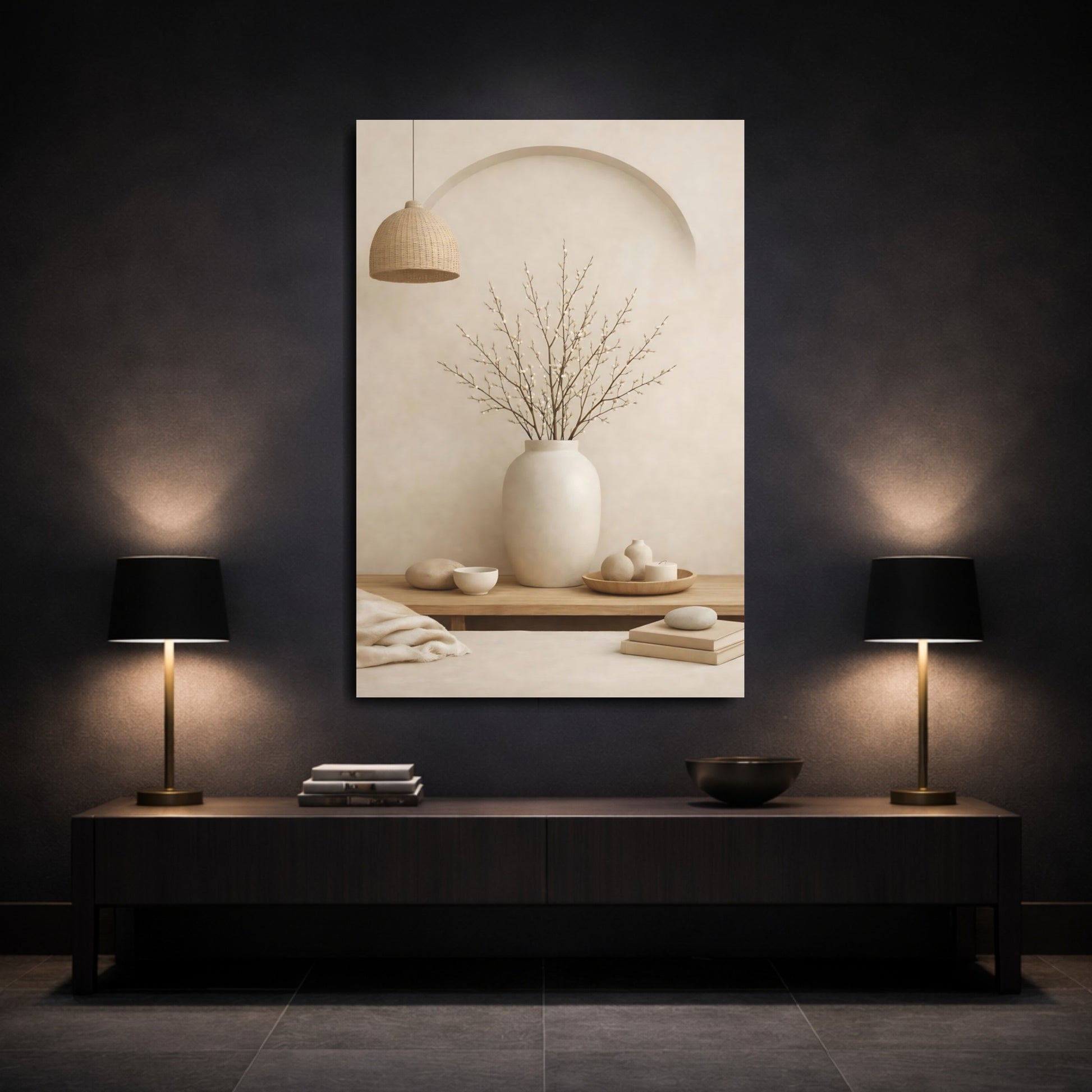 Mockup 2. Nature Pussy Willow Neutral Still Life shown as stretched canvas wall art
