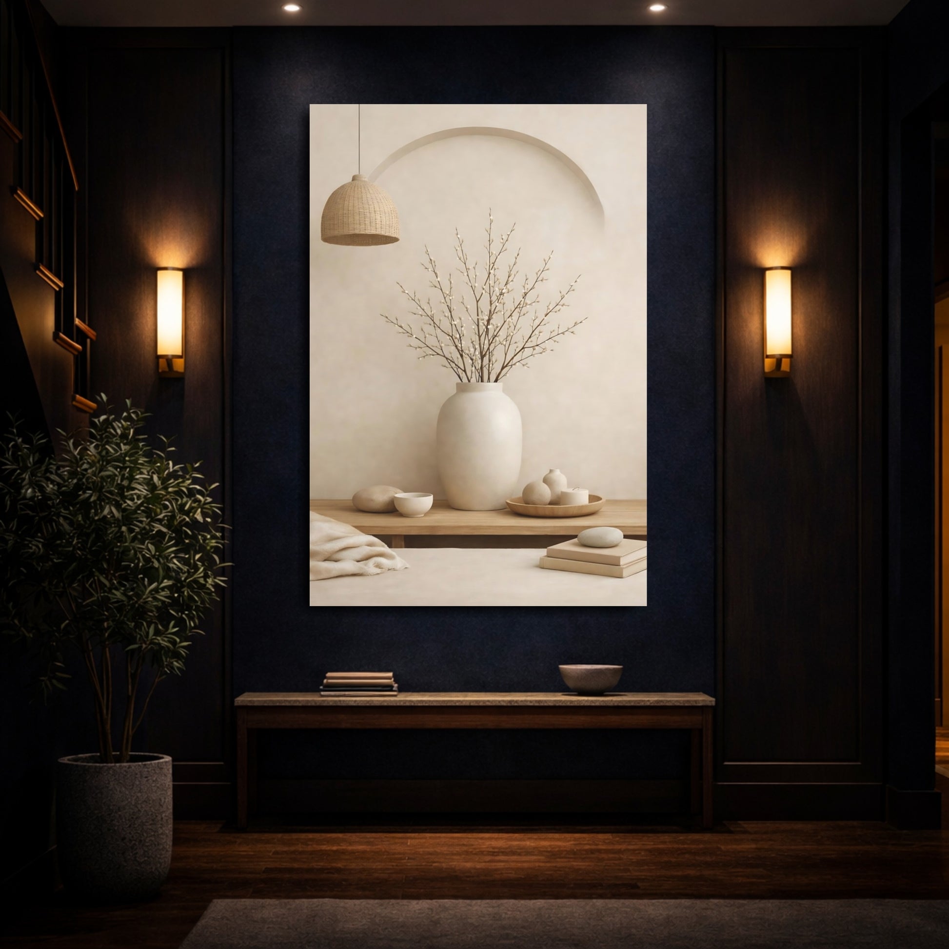 Mockup 3. Nature Pussy Willow Neutral Still Life shown as stretched canvas wall art