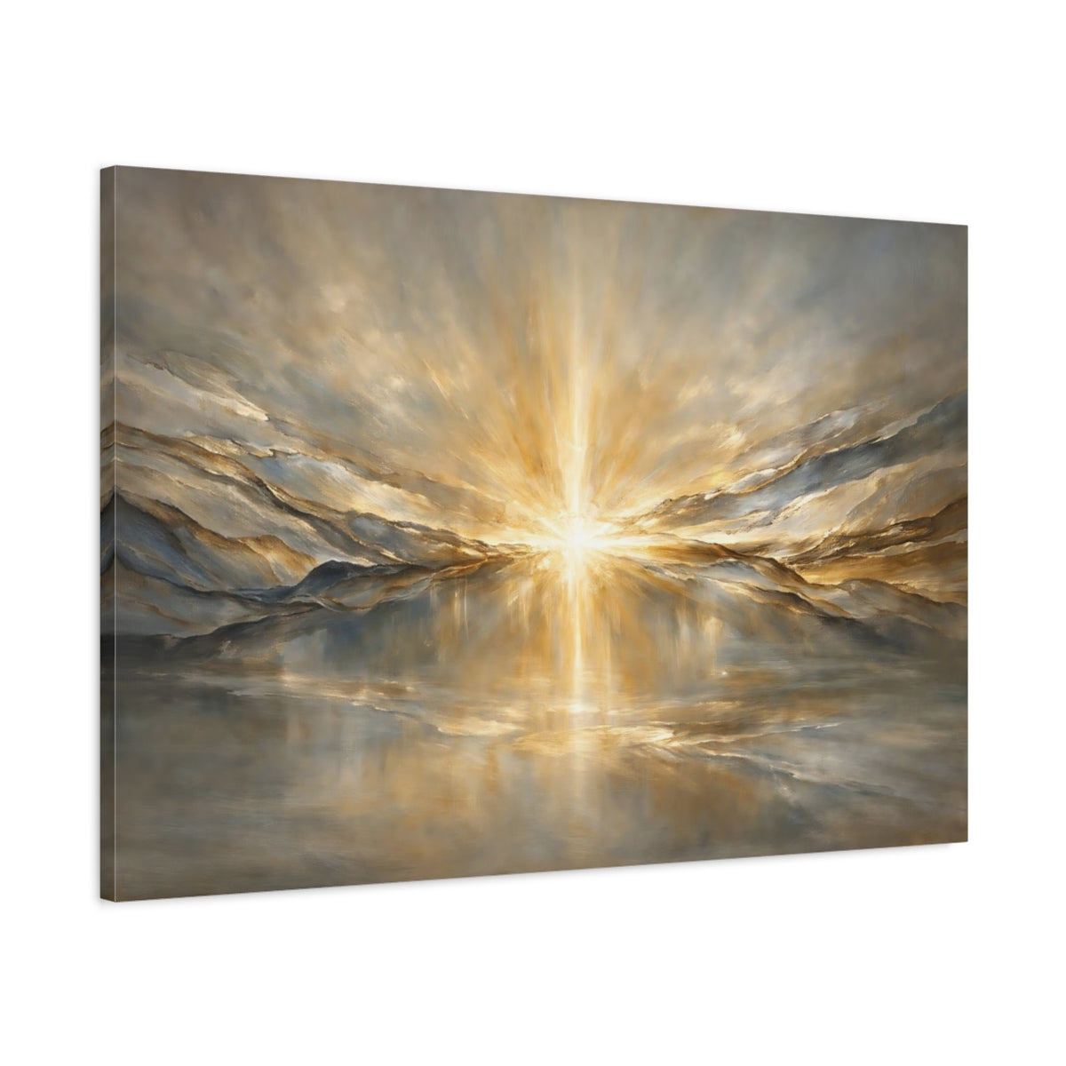 Side Mockup 1. Nature Radiant Light Gold And Gray shown as stretched canvas wall art