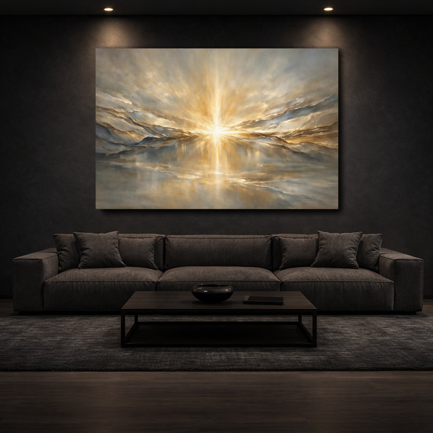 Mockup 2. Nature Radiant Light Gold And Gray shown as stretched canvas wall art