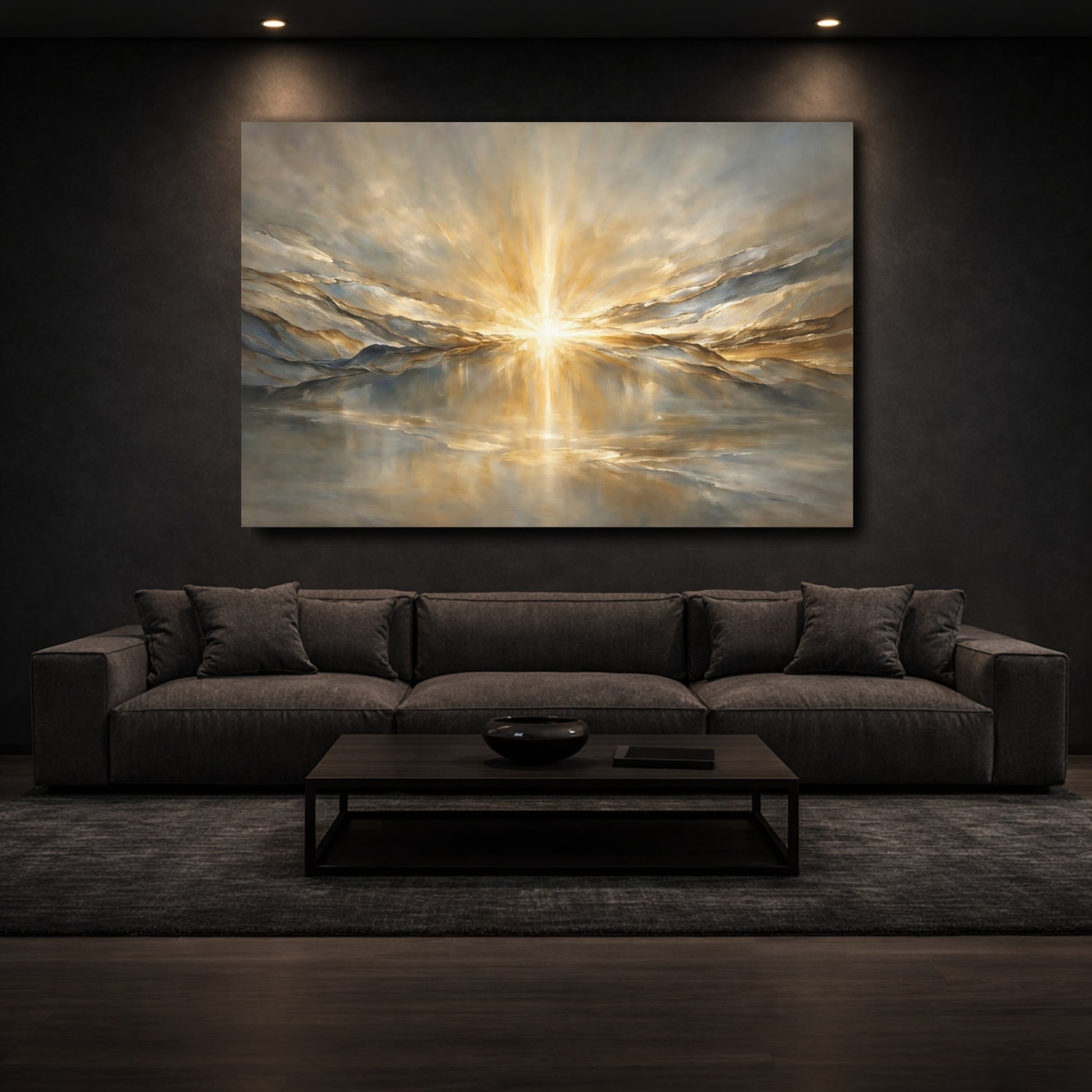Mockup 2. Nature Radiant Light Gold And Gray shown as stretched canvas wall art