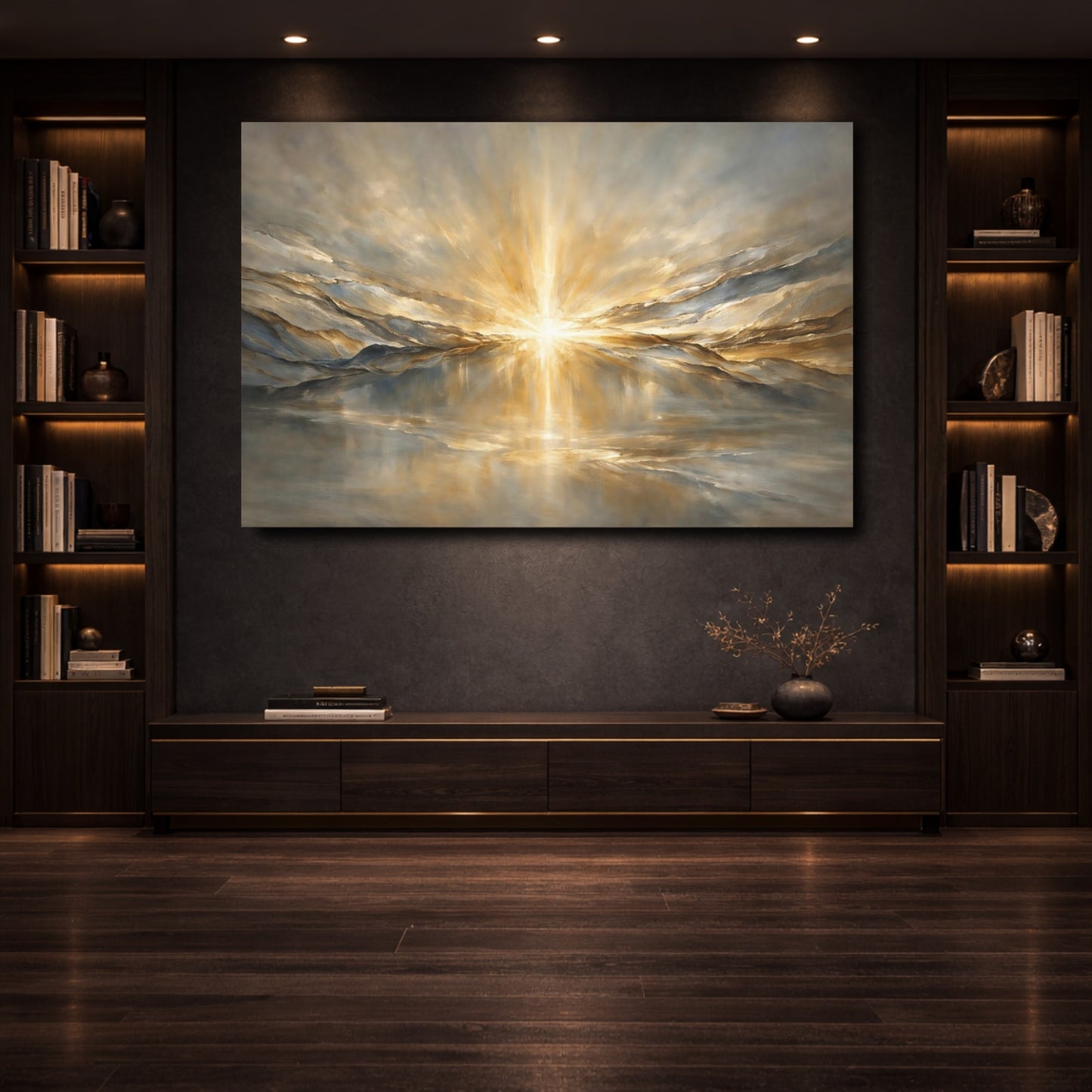 Mockup 3. Nature Radiant Light Gold And Gray shown as stretched canvas wall art