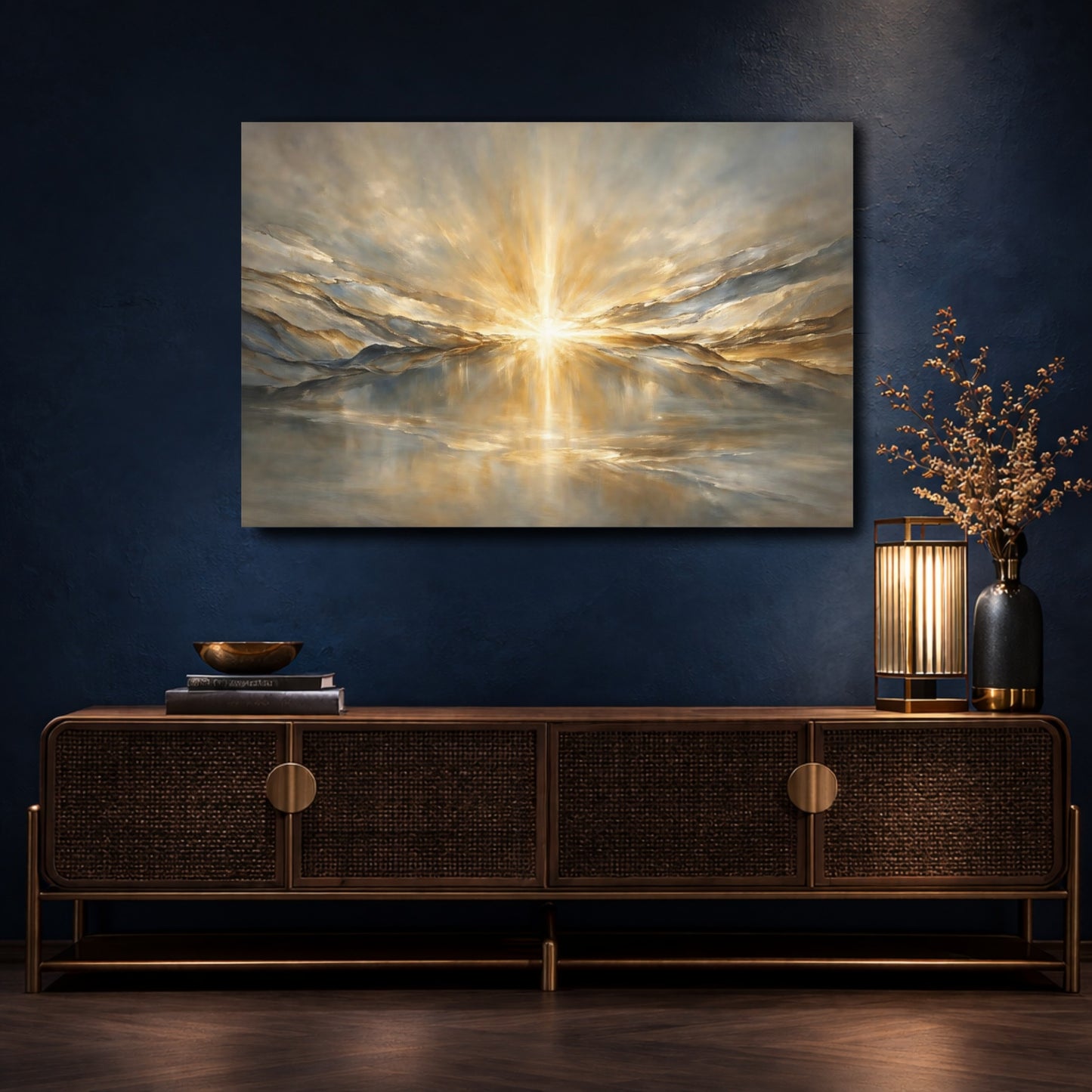 Mockup 4. Nature Radiant Light Gold And Gray shown as stretched canvas wall art