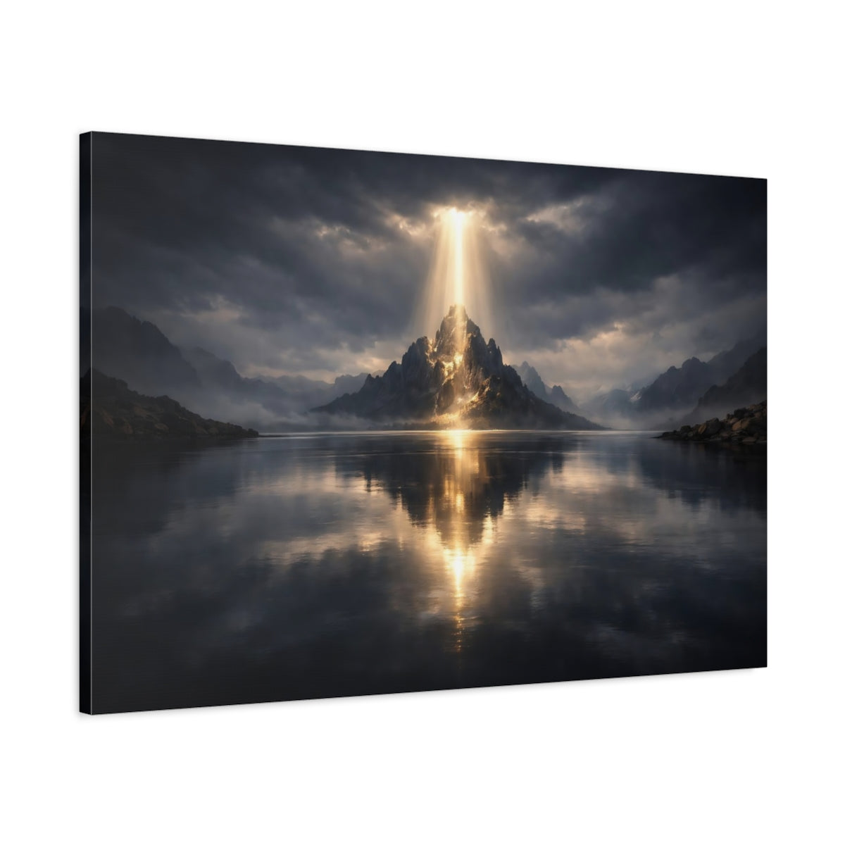 Side Mockup 1. Nature Radiant Mountain Mountain Lake Light shown as stretched canvas wall art