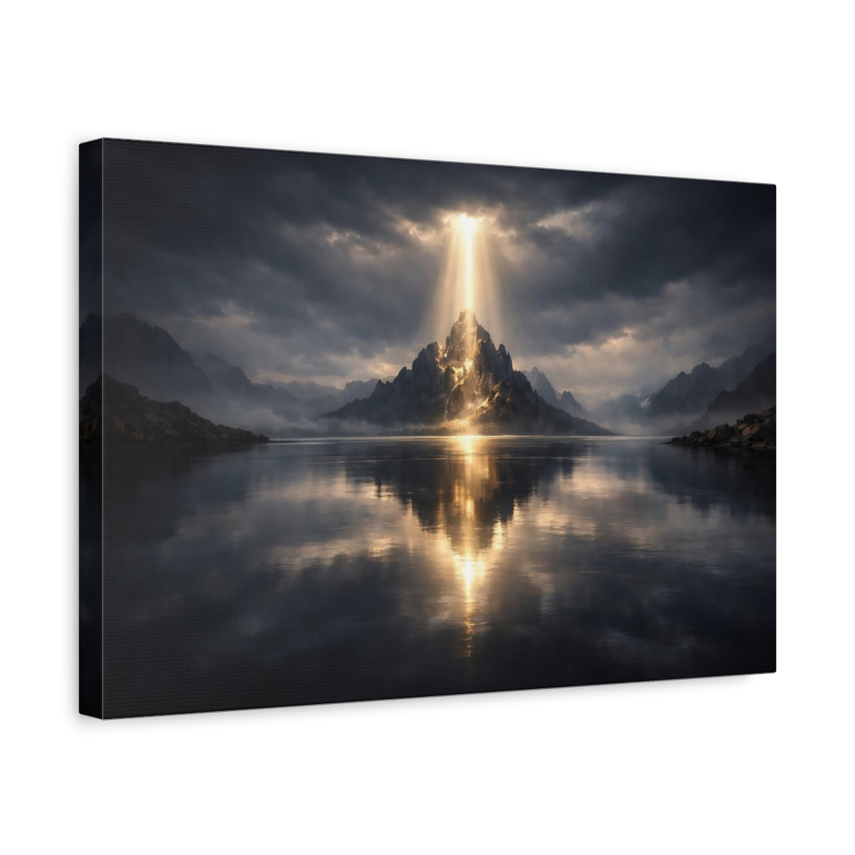 Side Mockup 4. Nature Radiant Mountain Mountain Lake Light shown as stretched canvas wall art