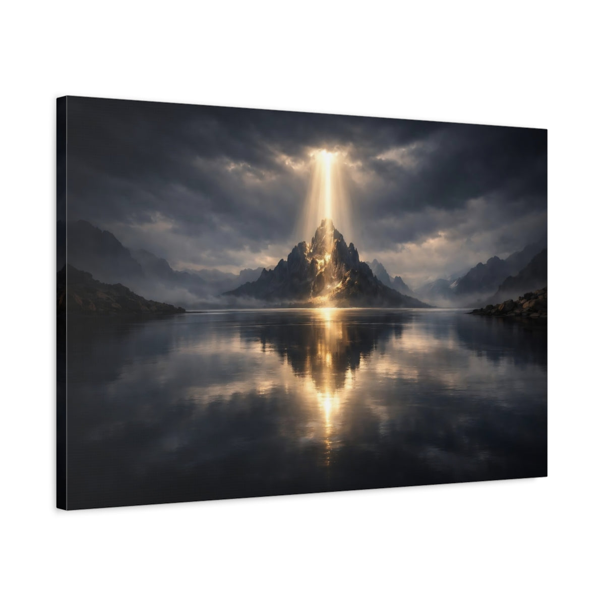 Side Mockup 2. Nature Radiant Mountain Mountain Lake Light shown as stretched canvas wall art
