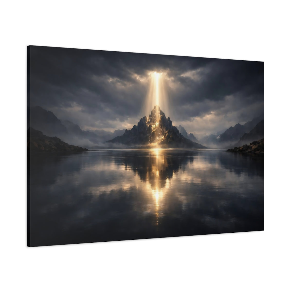 Main Mockup. Nature Radiant Mountain Mountain Lake Light shown as stretched canvas wall art