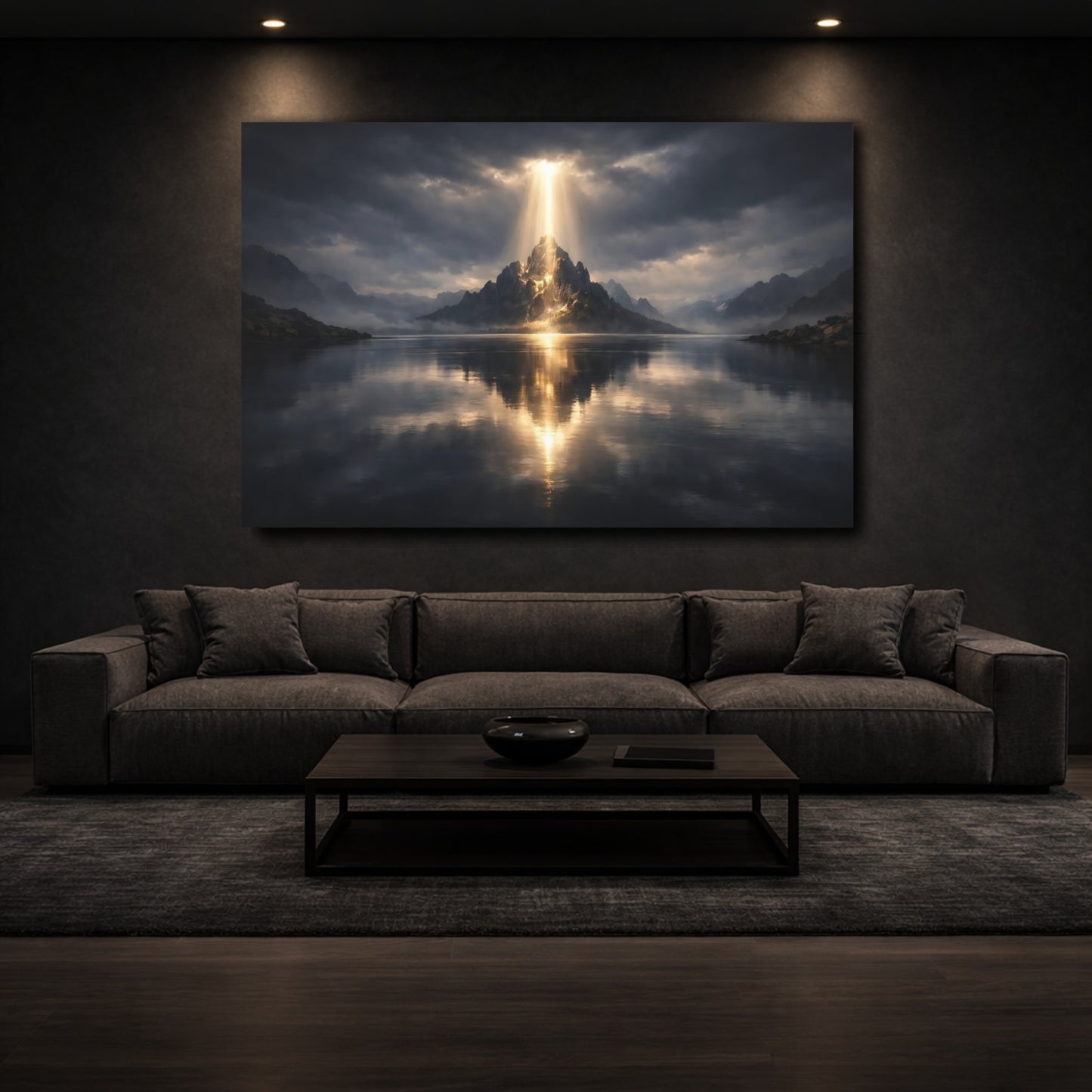 Mockup 2. Nature Radiant Mountain Mountain Lake Light shown as stretched canvas wall art