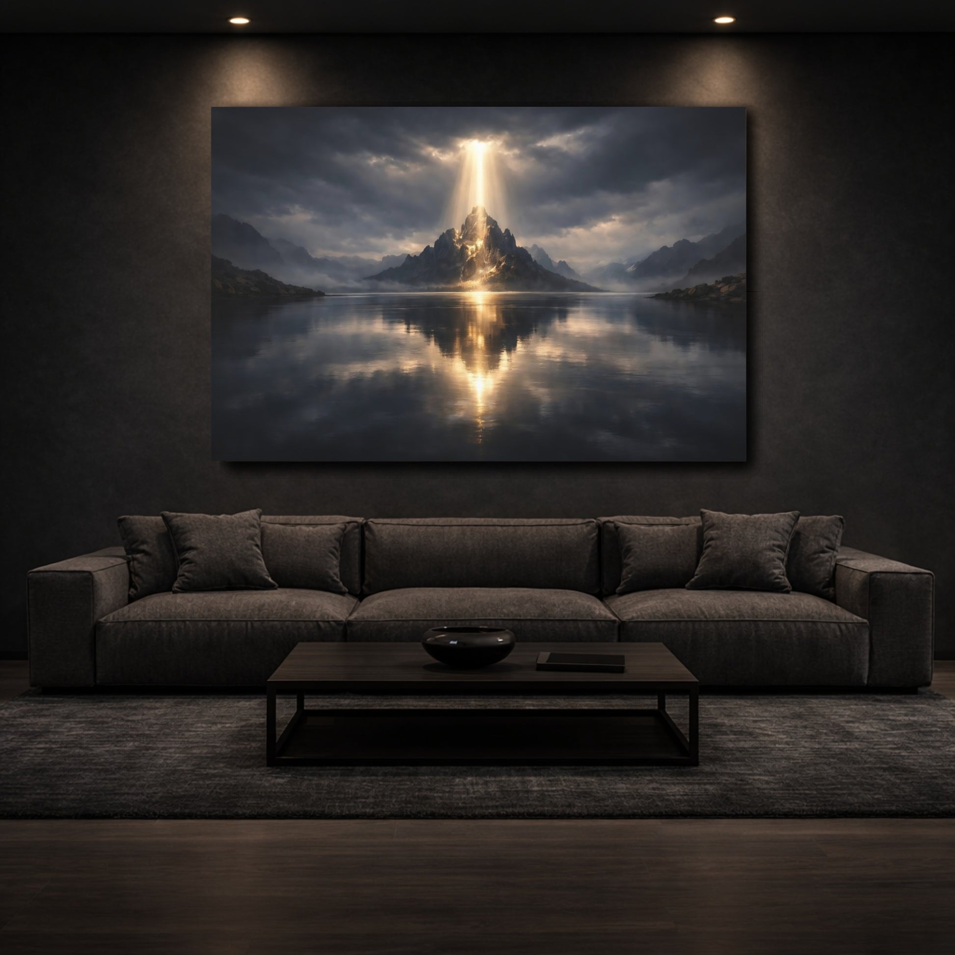 Mockup 2. Nature Radiant Mountain Mountain Lake Light shown as stretched canvas wall art