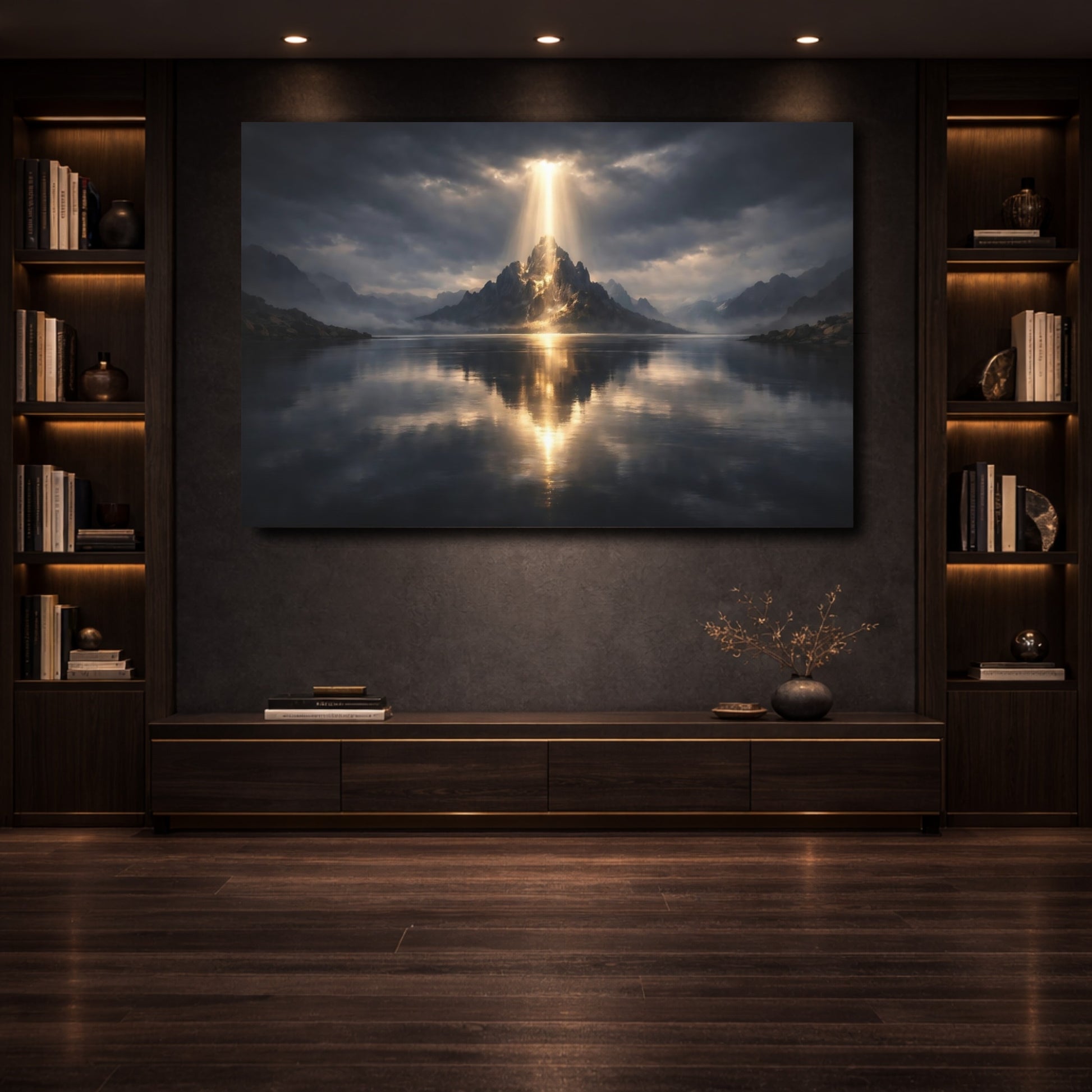 Mockup 3. Nature Radiant Mountain Mountain Lake Light shown as stretched canvas wall art