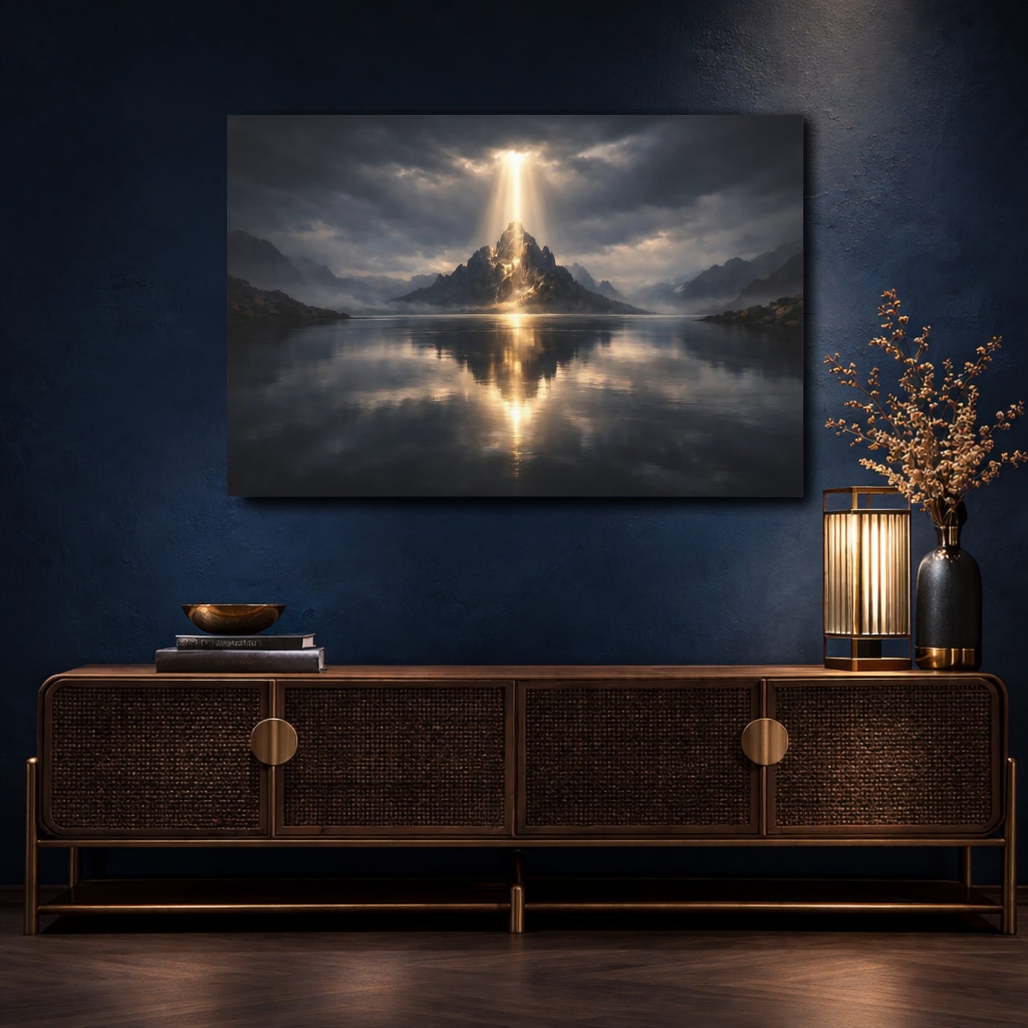 Mockup 4. Nature Radiant Mountain Mountain Lake Light shown as stretched canvas wall art