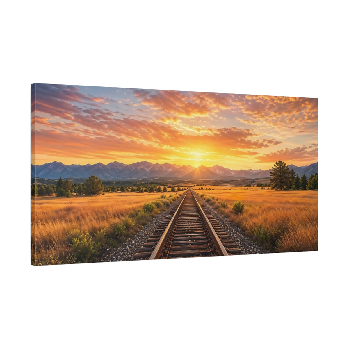 Main Mockup. Nature Railroad Track Golden Sunset shown as stretched canvas wall art