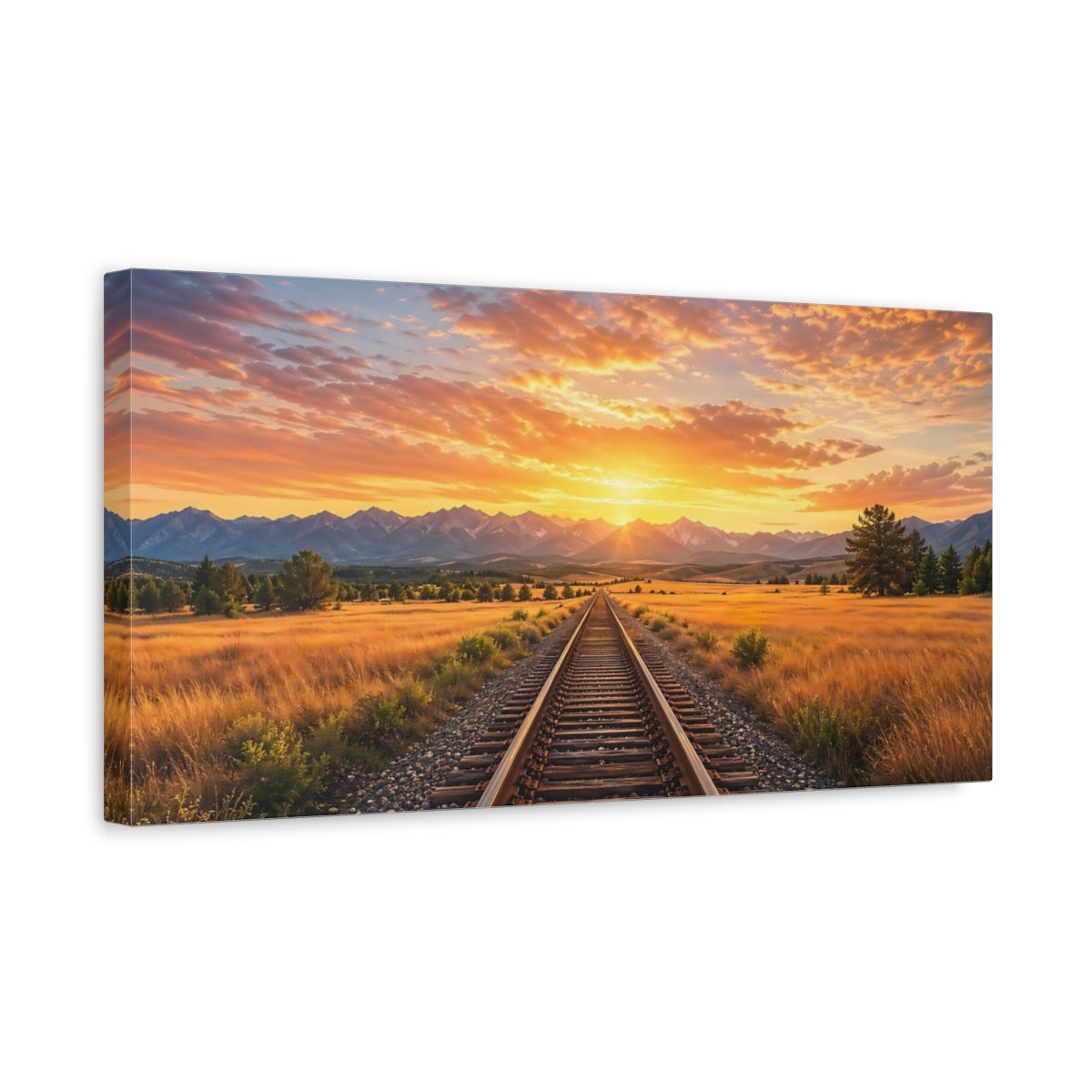 Side Mockup 3. Nature Railroad Track Golden Sunset shown as stretched canvas wall art