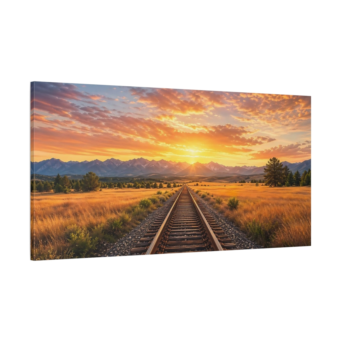 Side Mockup 2. Nature Railroad Track Golden Sunset shown as stretched canvas wall art