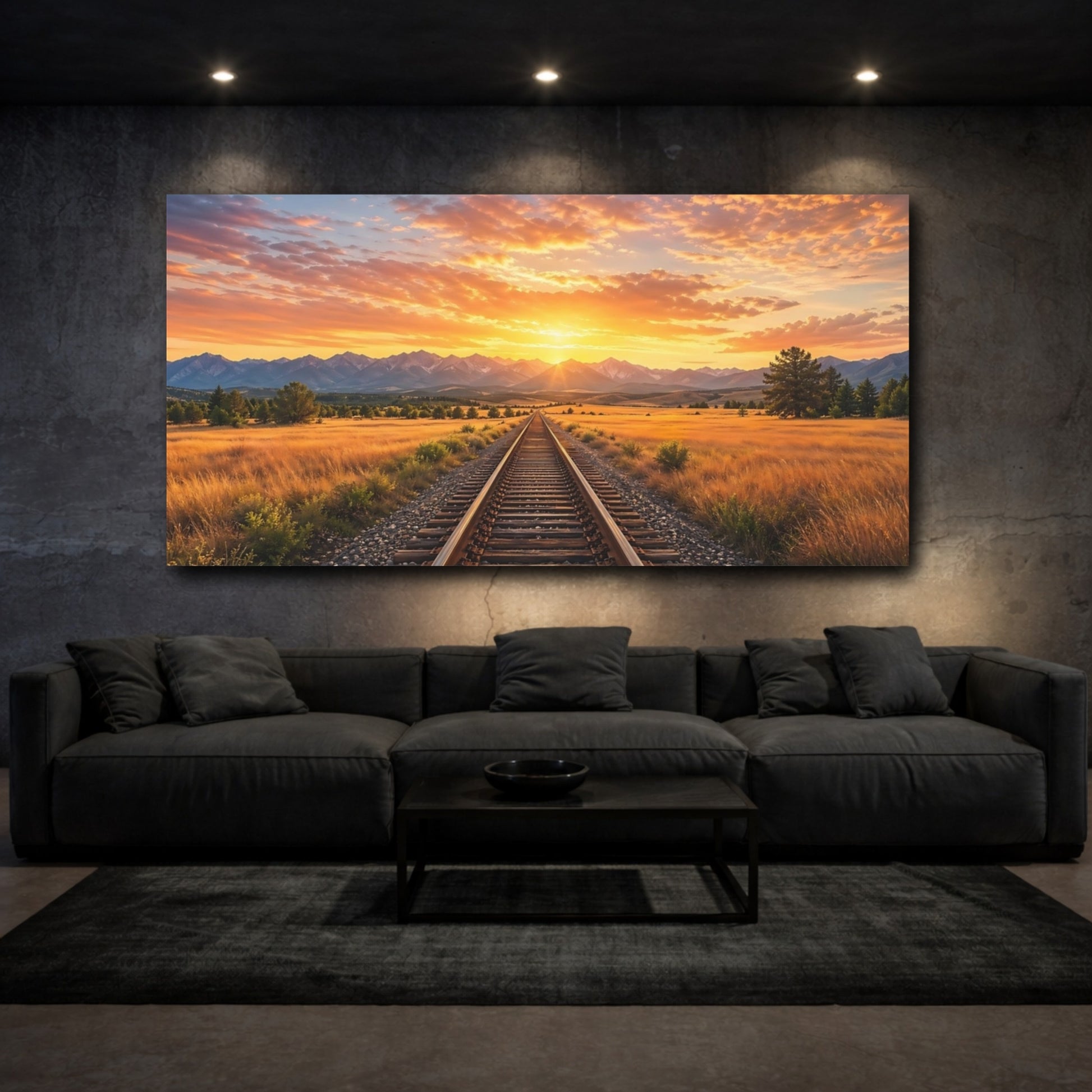 Mockup 2. Nature Railroad Track Golden Sunset shown as stretched canvas wall art