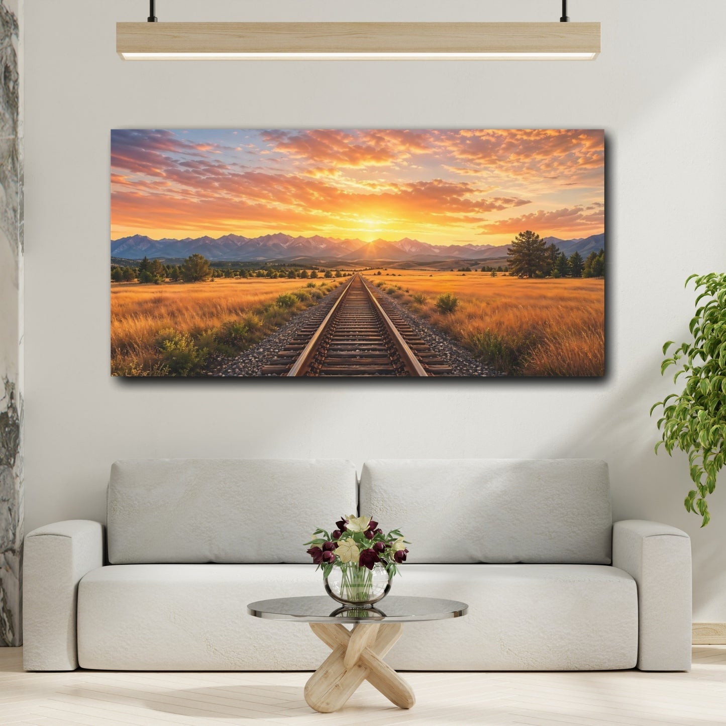 Mockup 3. Nature Railroad Track Golden Sunset shown as stretched canvas wall art