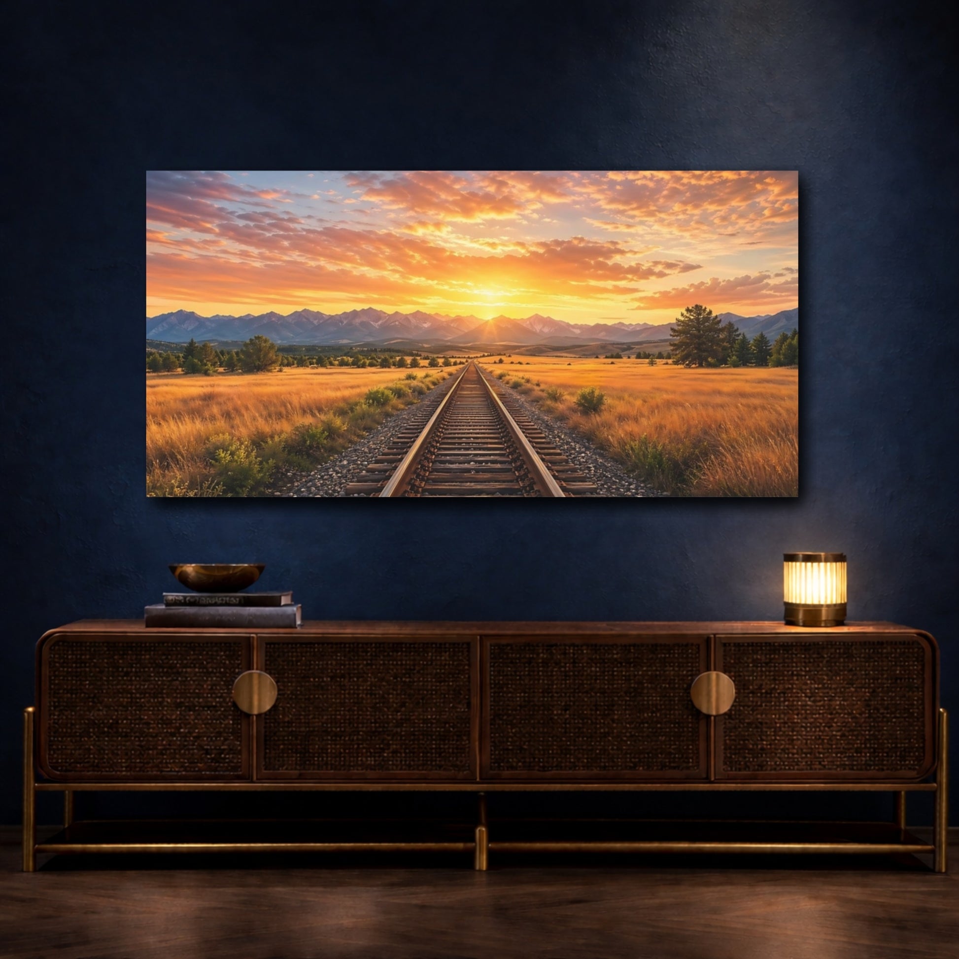 Mockup 4. Nature Railroad Track Golden Sunset shown as stretched canvas wall art