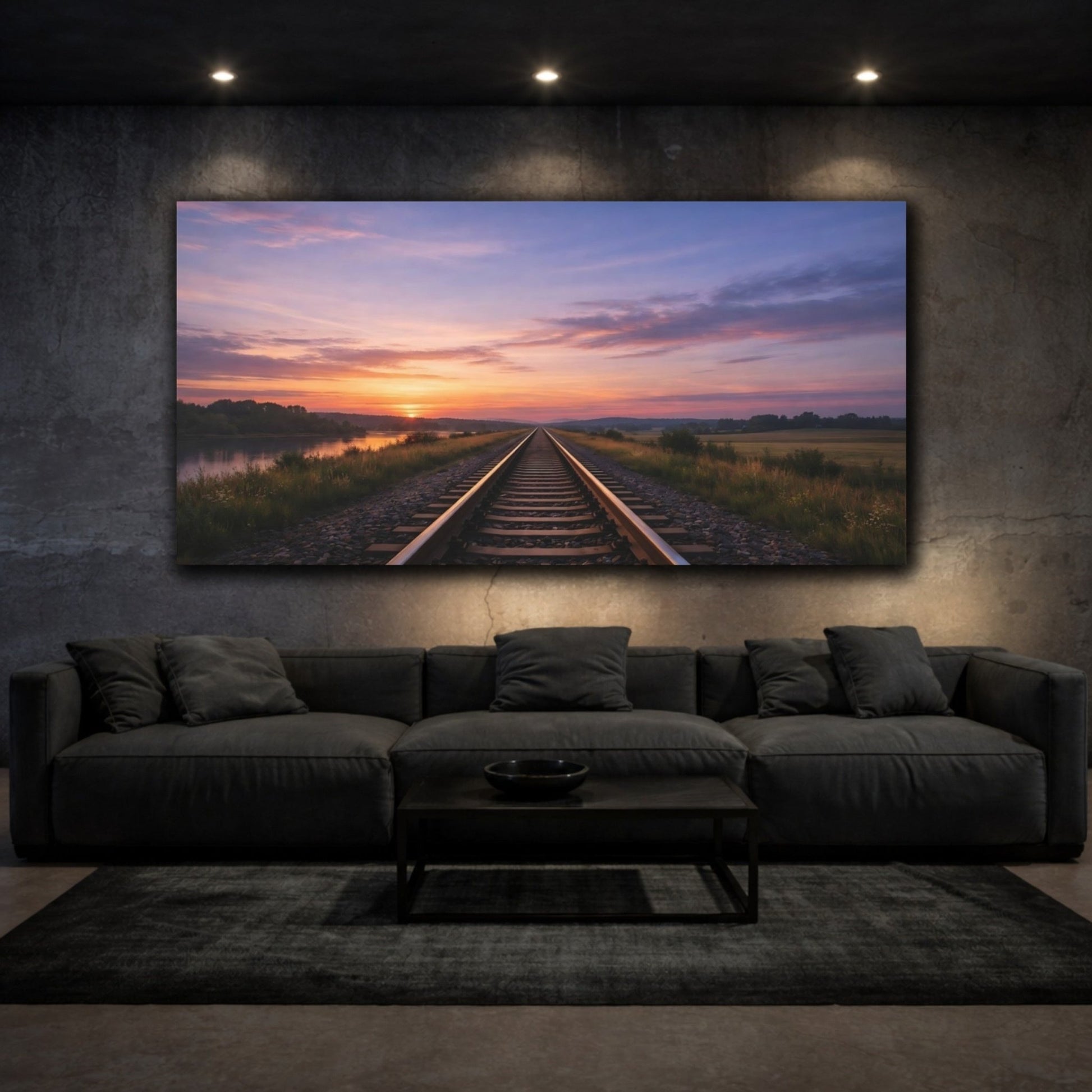 Nature Railroad Tracks Colorful Sunset - Canvas Wall Art Print - YesArtYes