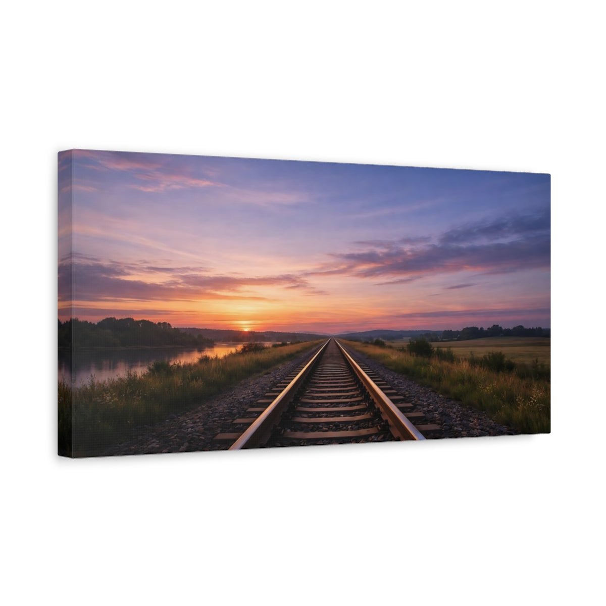 Nature Railroad Tracks Colorful Sunset - Canvas Wall Art Print - YesArtYes