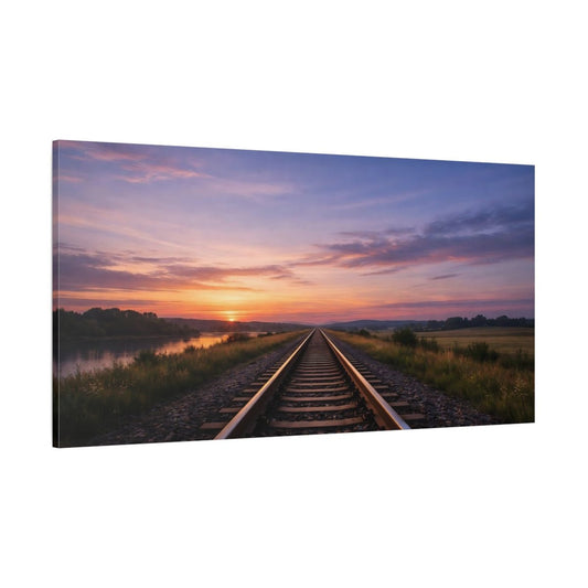 Nature Railroad Tracks Colorful Sunset - Canvas Wall Art Print - YesArtYes