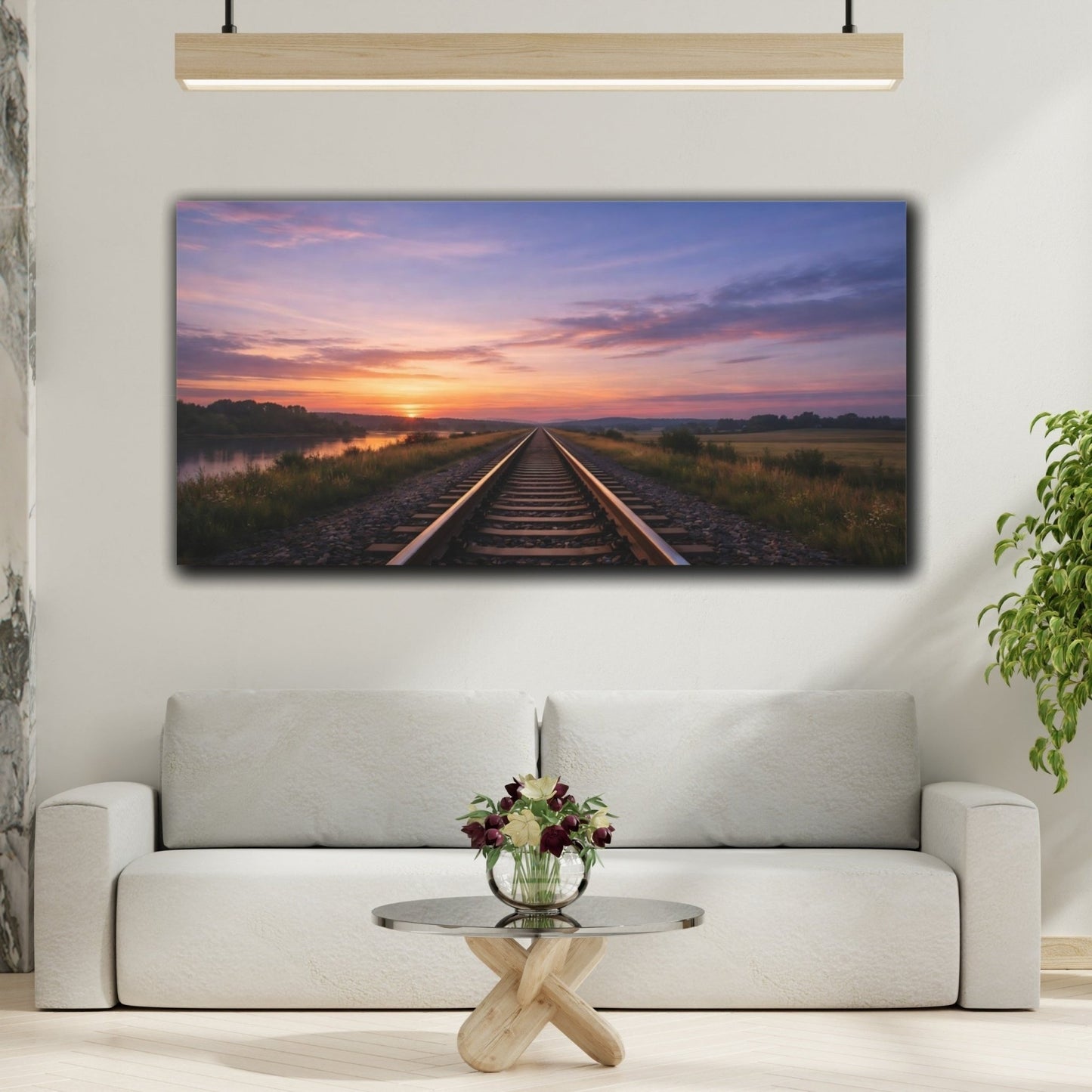 Nature Railroad Tracks Colorful Sunset - Canvas Wall Art Print - YesArtYes