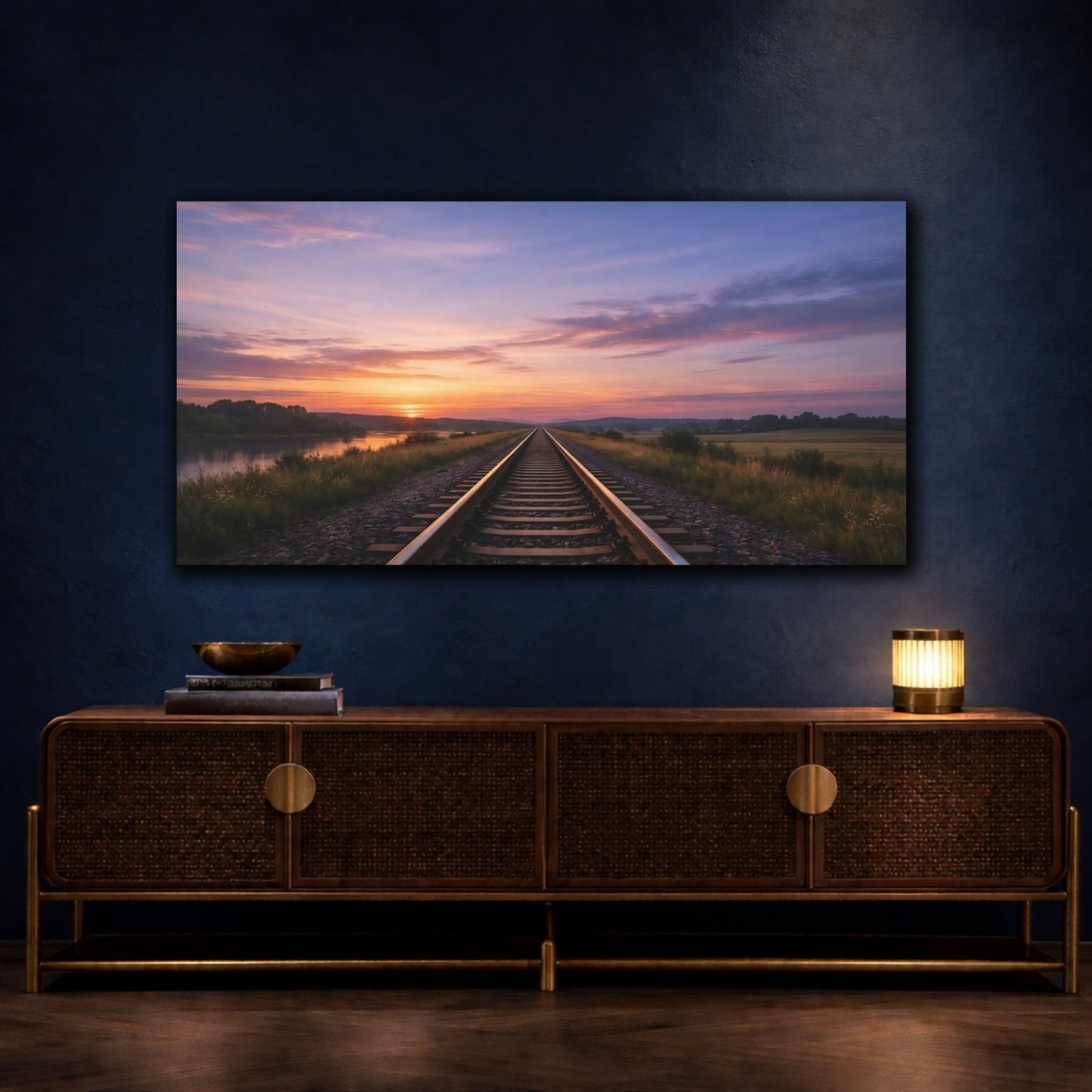 Nature Railroad Tracks Colorful Sunset - Canvas Wall Art Print - YesArtYes